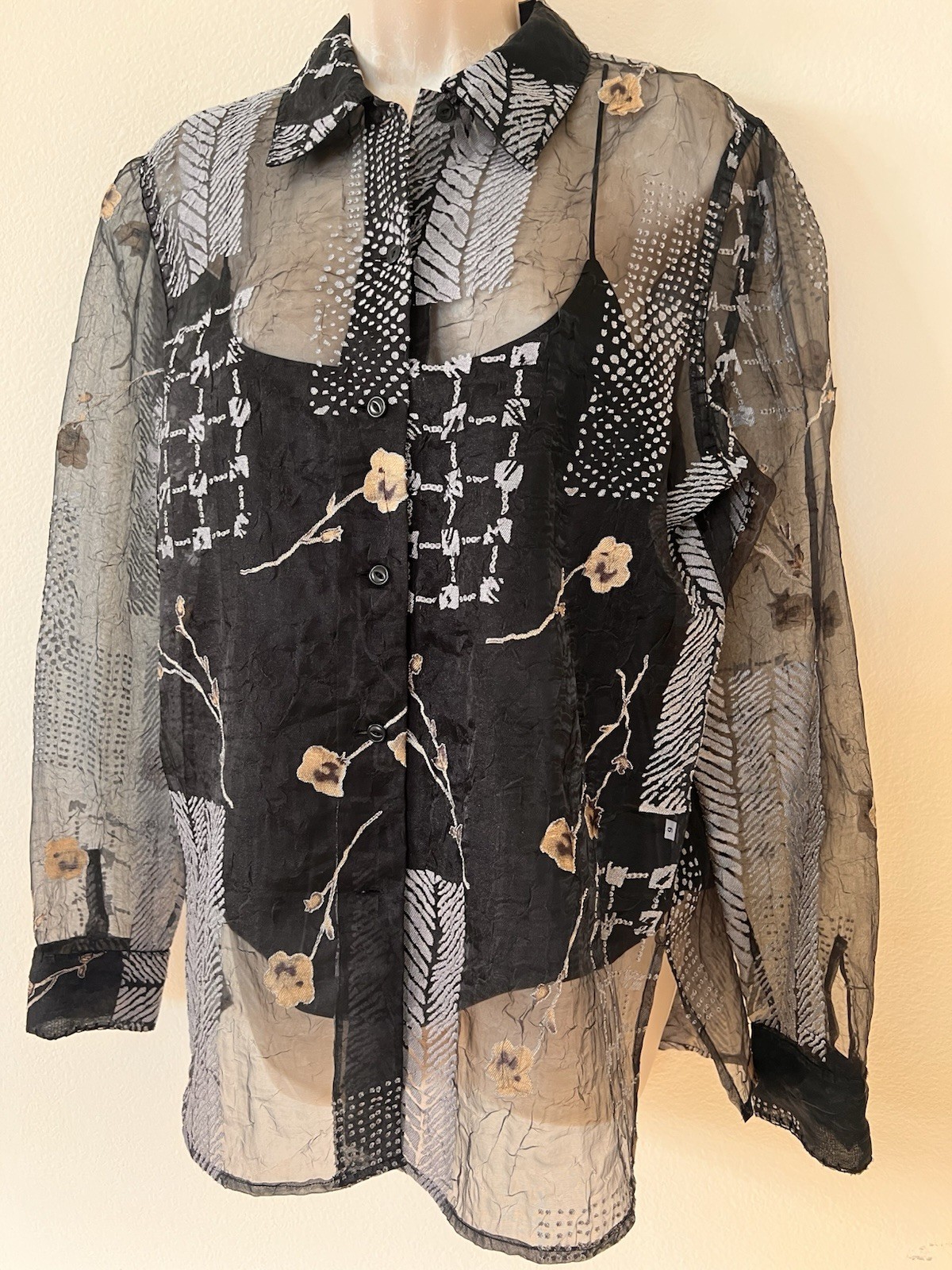 BLUE ICE 6 Sheer Shirt Blouse & Camisole Top Black White Set