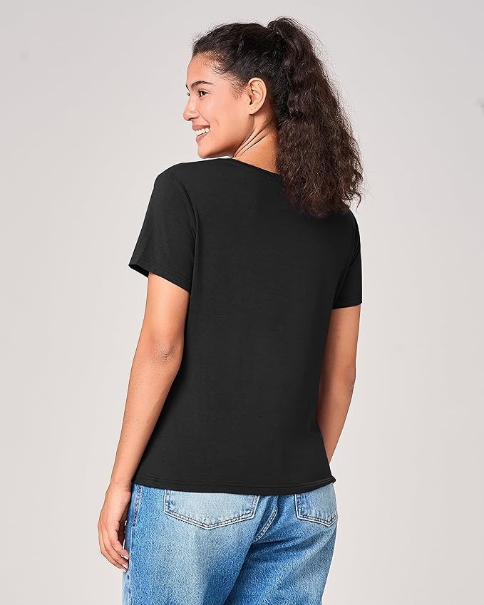 BAMBOO COOL Women’s Short Slv. T Shirt Basic Tee Regular Fit V neck Small black