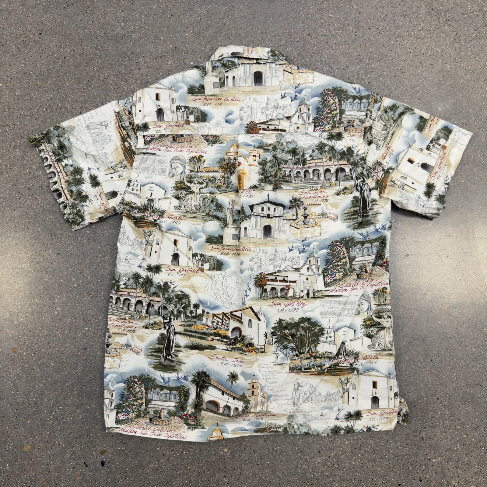 Vtg 90s High Seas Trading Co Shirt Mens S California Missions Map USA Aloha AOP