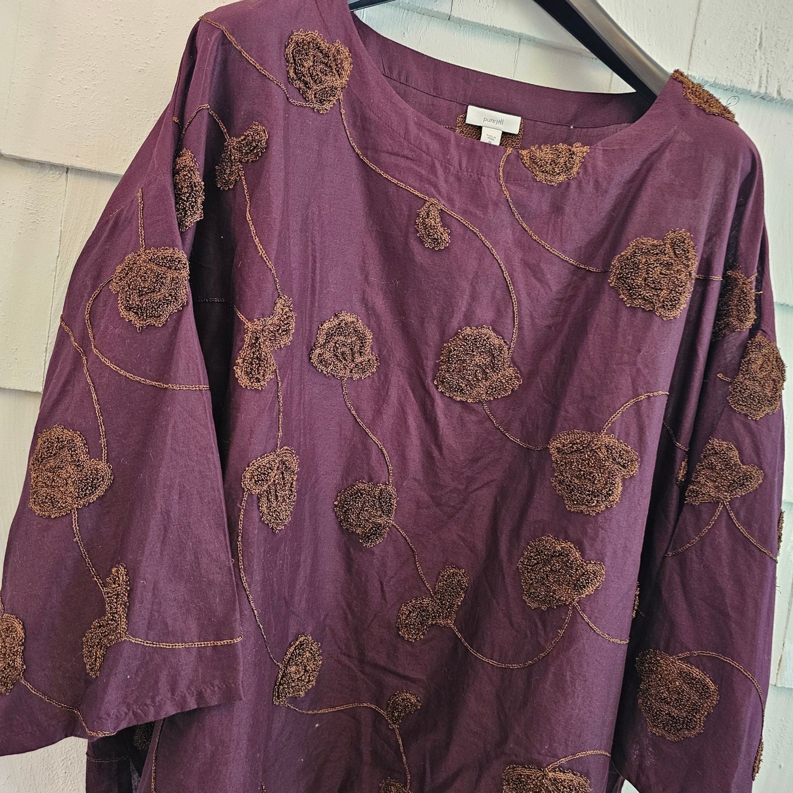 Pure Jill 2X Purple Embroidered Floral Applique 100% Cotton Tunic Top Boho