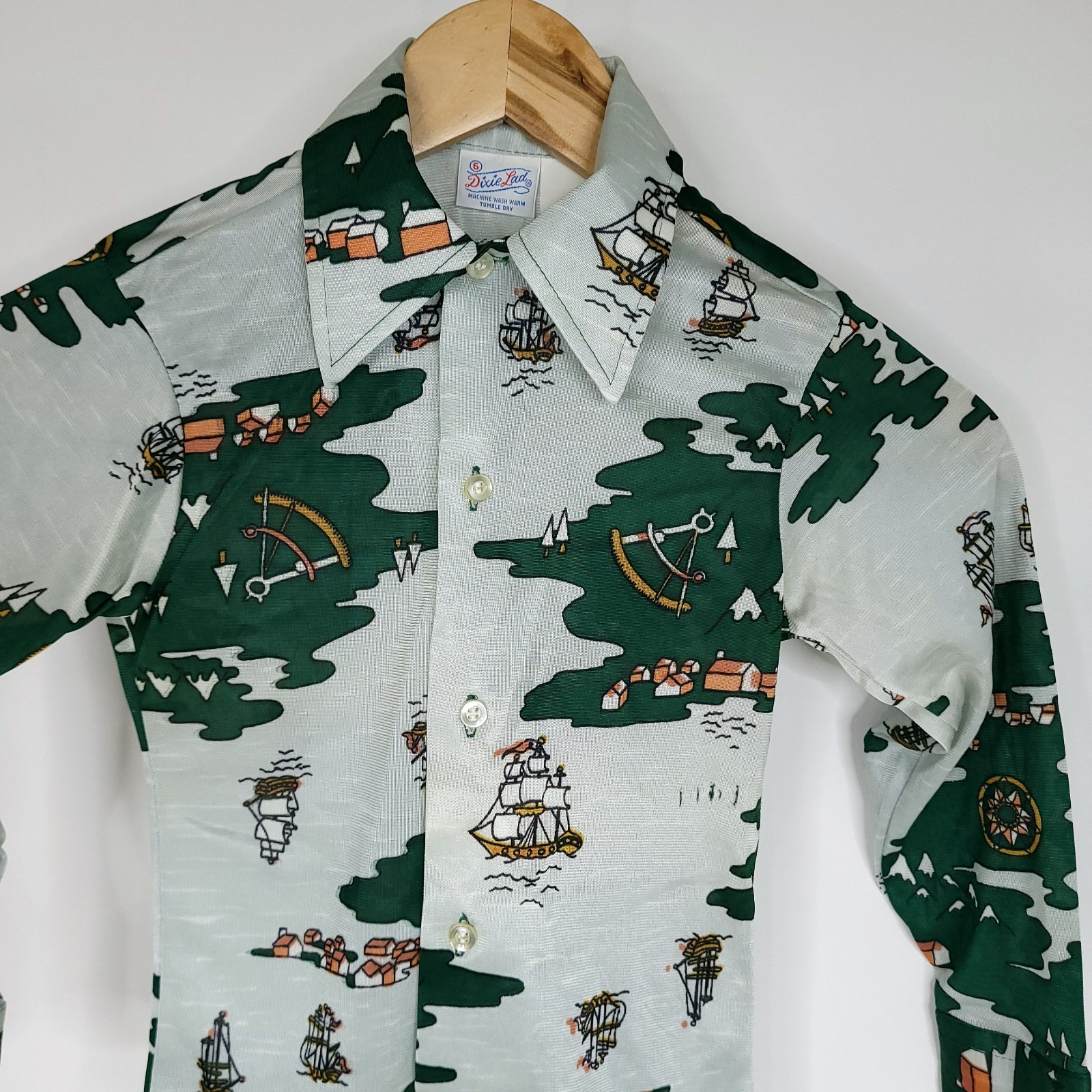 Vintage 70s Dixie Lad Girls Button Front Shirt 6 Green Boat Nautical Retro READ