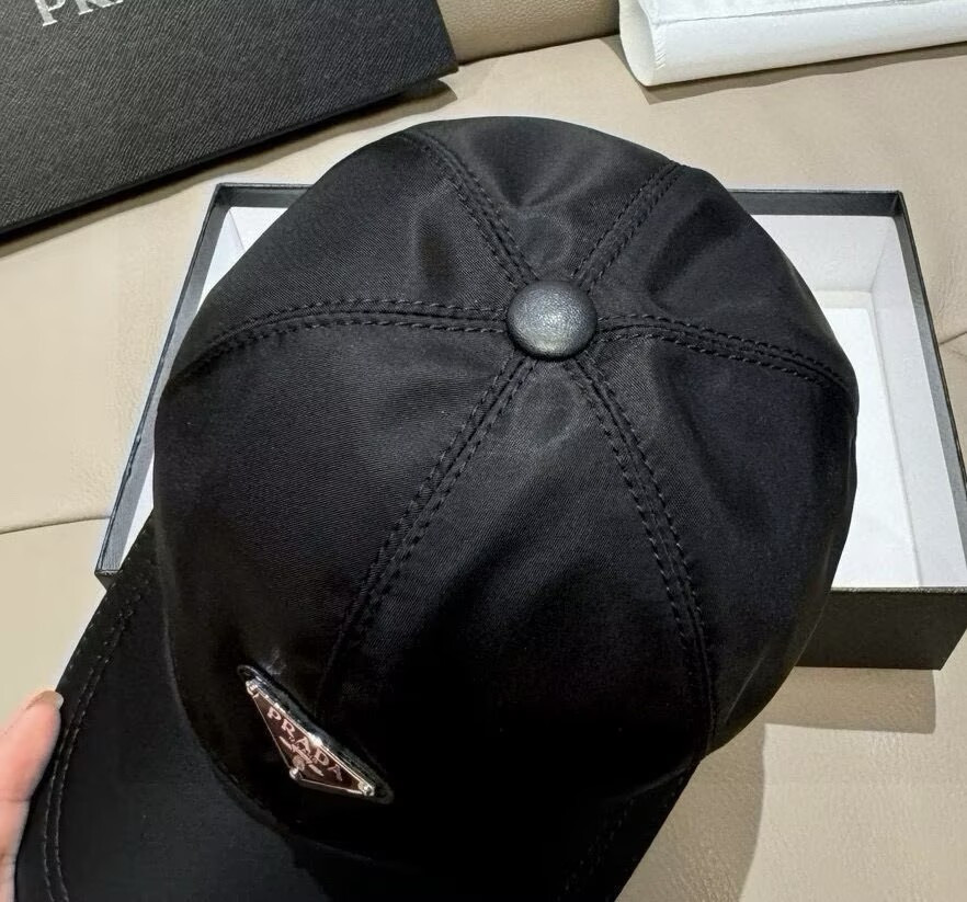 New Prada Triangle Logo Re-Nylon Black Baseball Cap Unisex Hat | Black