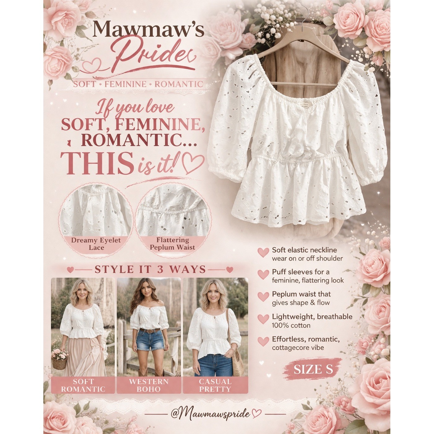 A New Day White Eyelet Puff Sleeve Peplum Top Square Neck 100% Cotton Blouse S