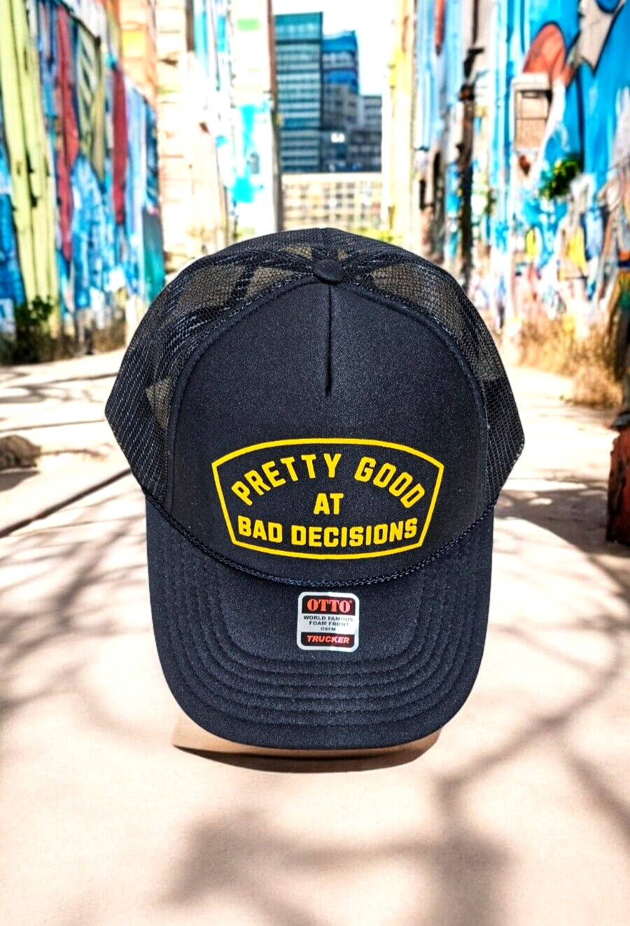 BLACK Foam Trucker Snapback OTTO Hat Yellow “PRETTY GOOD AT BAD DECISIONS” NEW