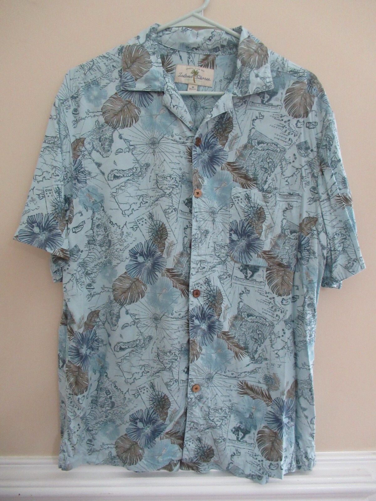 Island Shores blue brown button shirt men M maps compass palms Hawaiian Tropical
