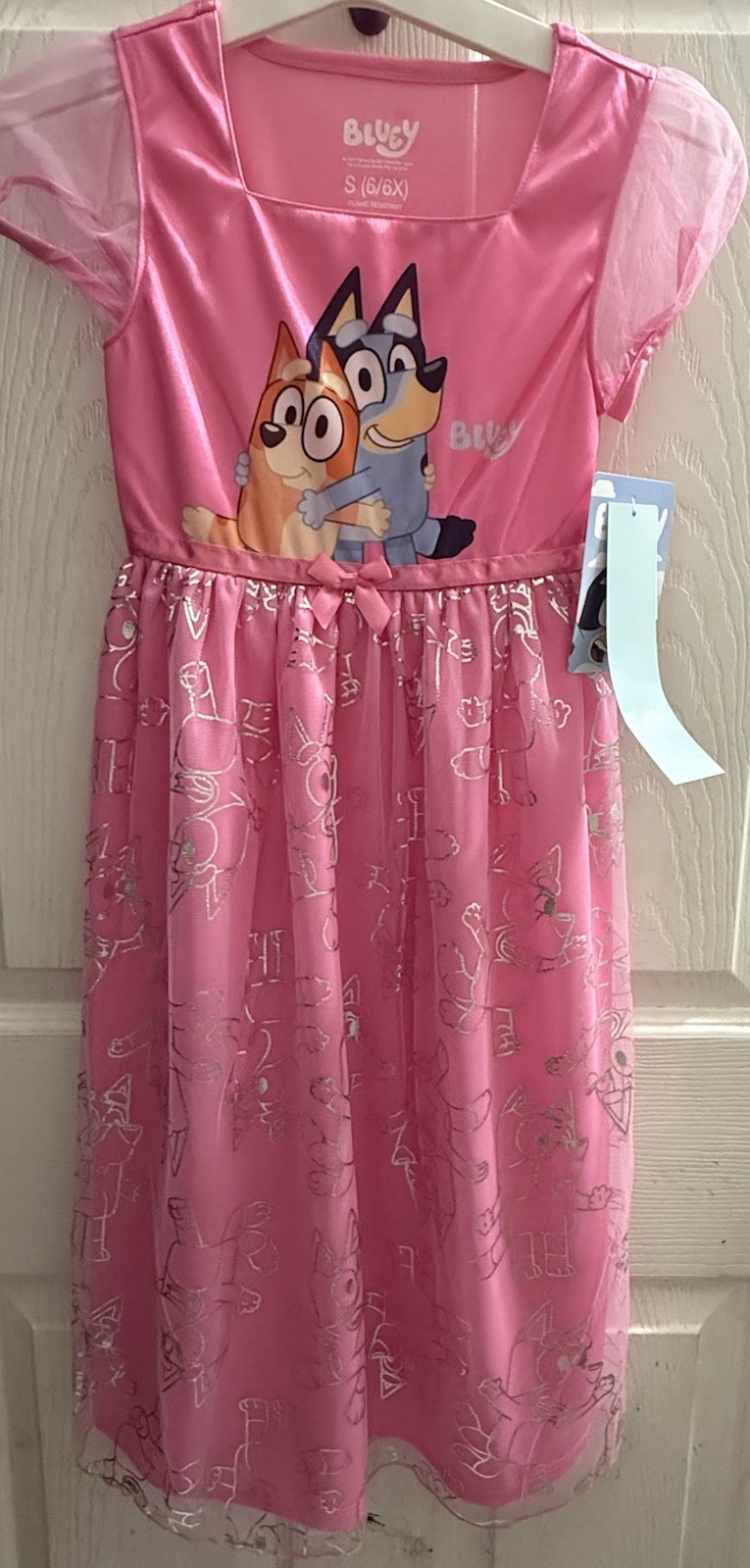 Bluey Pink Fit & Flare Long Tulle Bow Dress Girls S (6/6X) Cap Sleeve