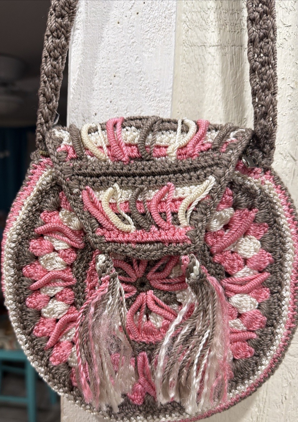 Handmade Round Drawstring Crossbody Bag Fringe Boho Multicolor Hippie 70’s
