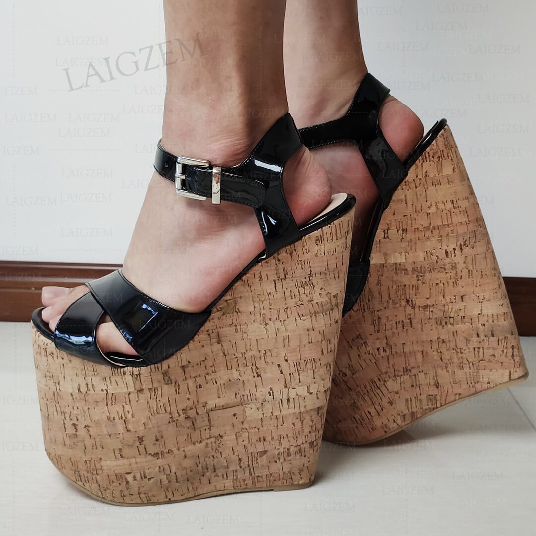 Women Pumps Platform Wedges Open Toe Shiny Ankle Strap 22CM High Heels Ladies