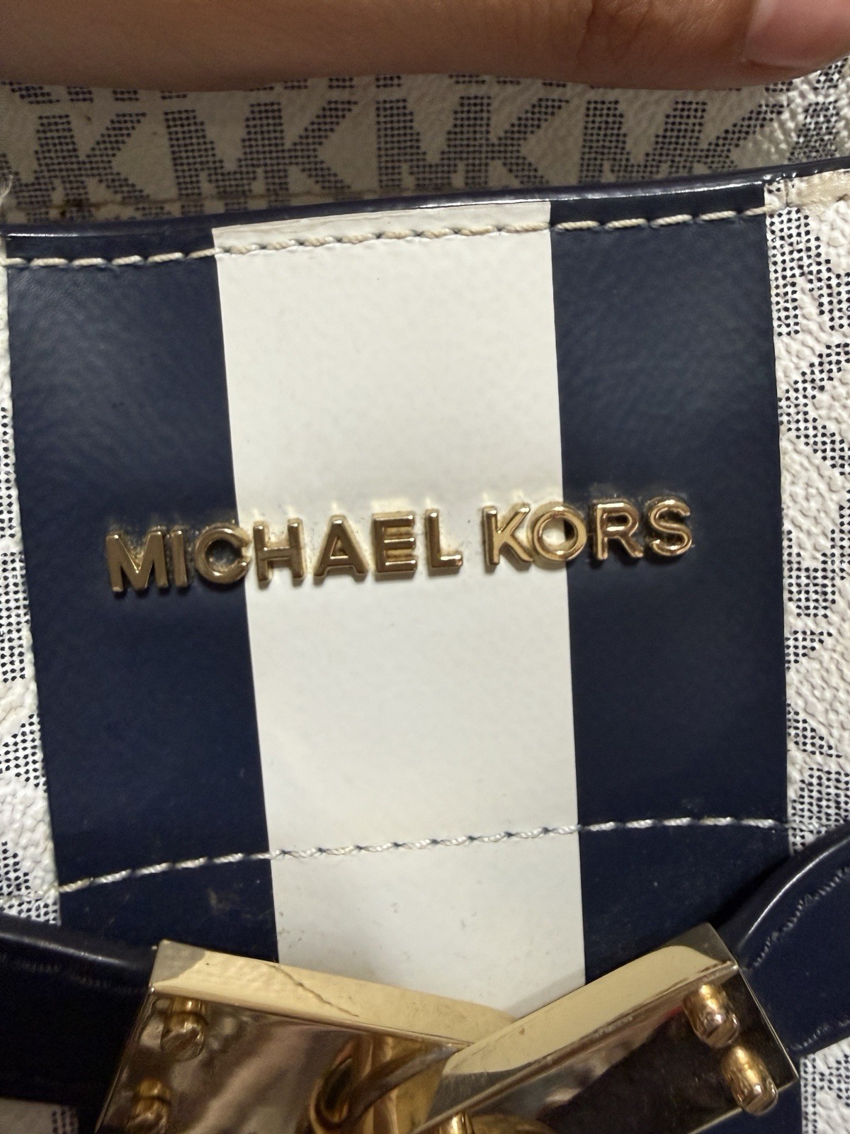 Michael Kors Medium Satchel Top Handle MK Logo Stripe Zip Gold Lock & Key