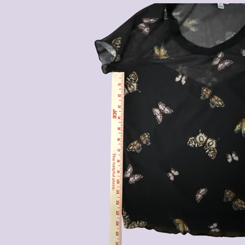 Love Fire Black Butterfly Print Sheer Mesh Top Y2K Grunge Aesthetic Small