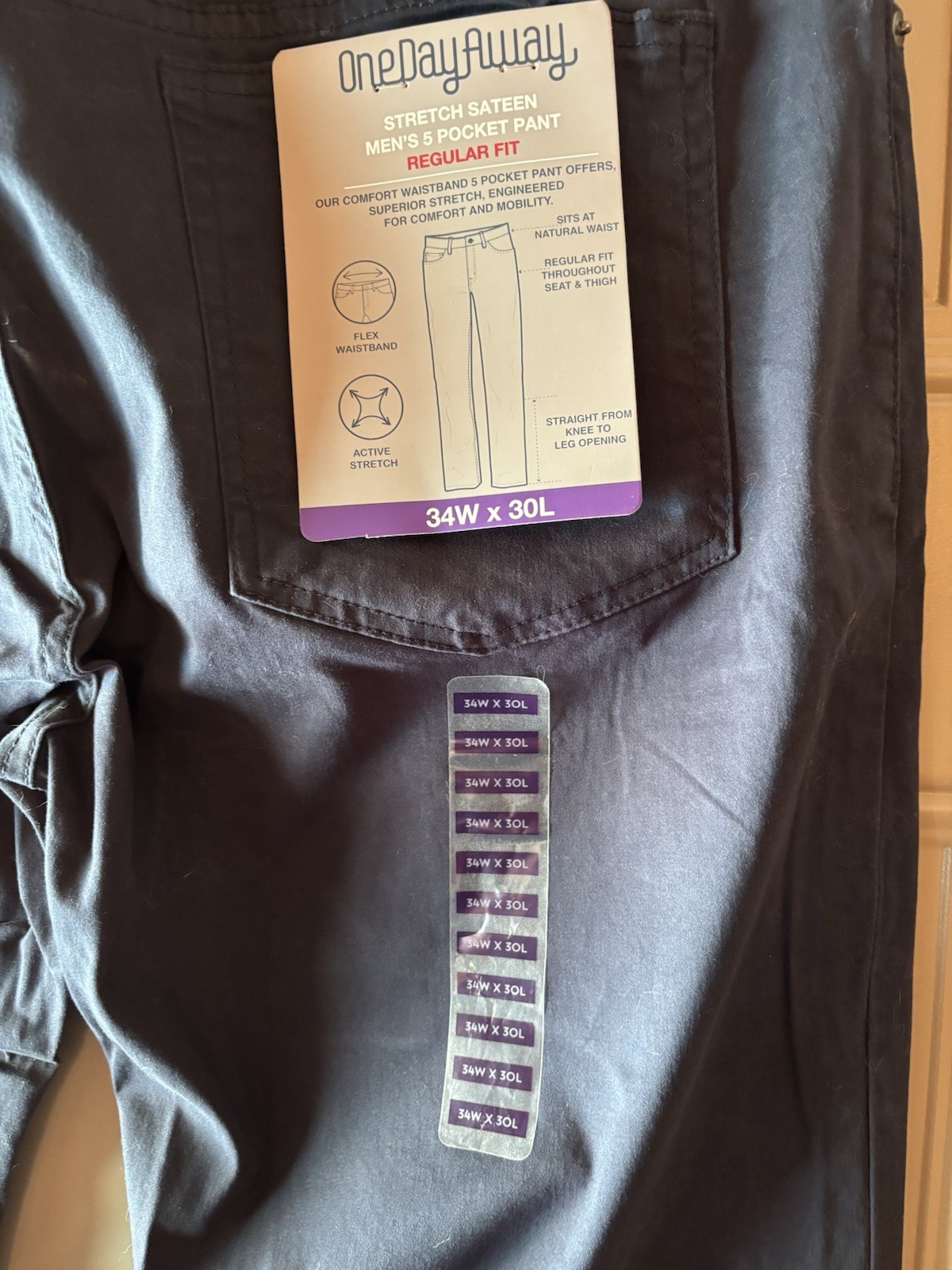 ⁠OneDayAway Mens 5 Pocket Stretch Sateen Pants 34×30 Total Eclipse Navy NWT