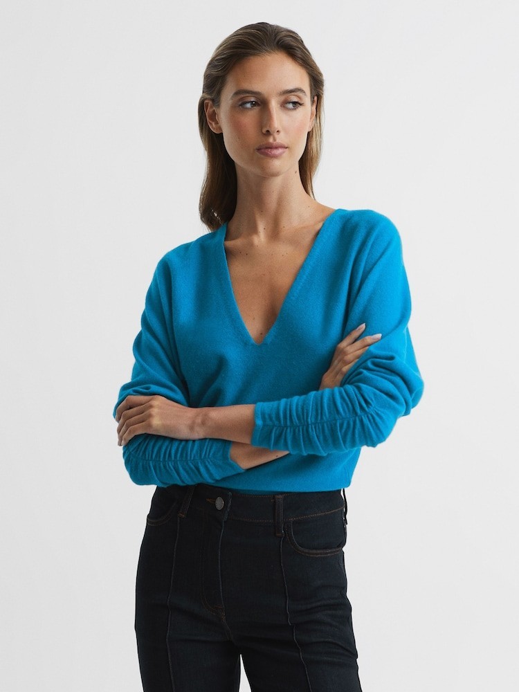 $146 Reiss Jolie Top M Deep V-Neck Jumper Cashmere Wool Ruched Sleeve U74-829