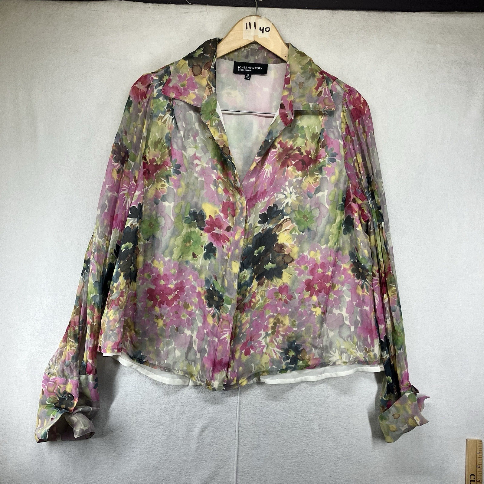 Women’s All Silk Blouse Sz 16 Multicolor Watercolor Floral Abstract Button Down