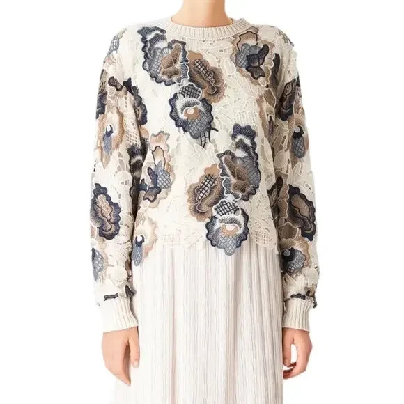 See By CHLOE Sweater Sz M White Blue Brown Lace Floral Soft Long Sleeve Crew