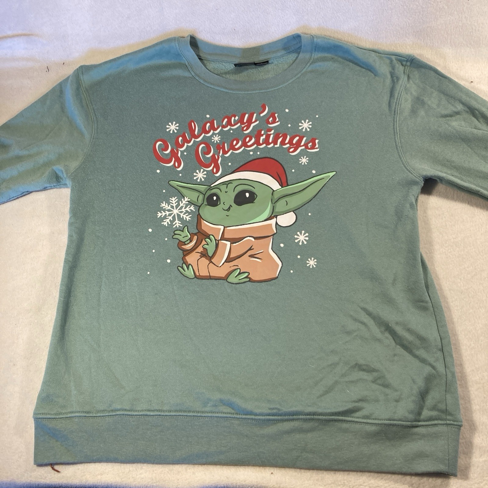 Star Wars Grogu Galaxy Greetings Men’s Green Crew Neck Pullover Sweatshirt L