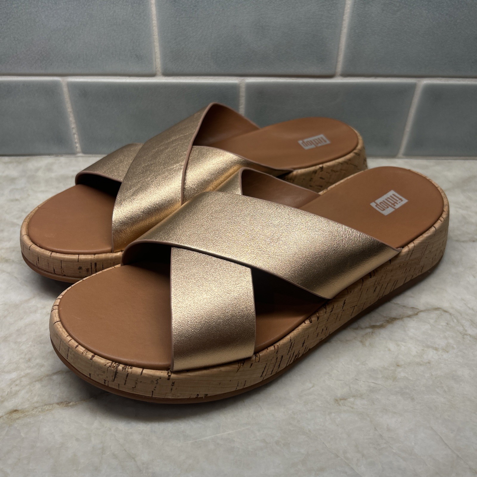 FitFlop F-Mode Metallic Leather Slide Sandals Rose Gold Size 10 New