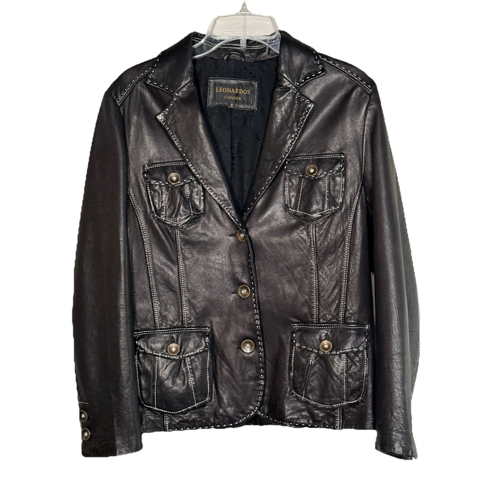 Leonardos Canada Leather Blazer Jacket Women 8 Black 3 Button Contrast Stitching