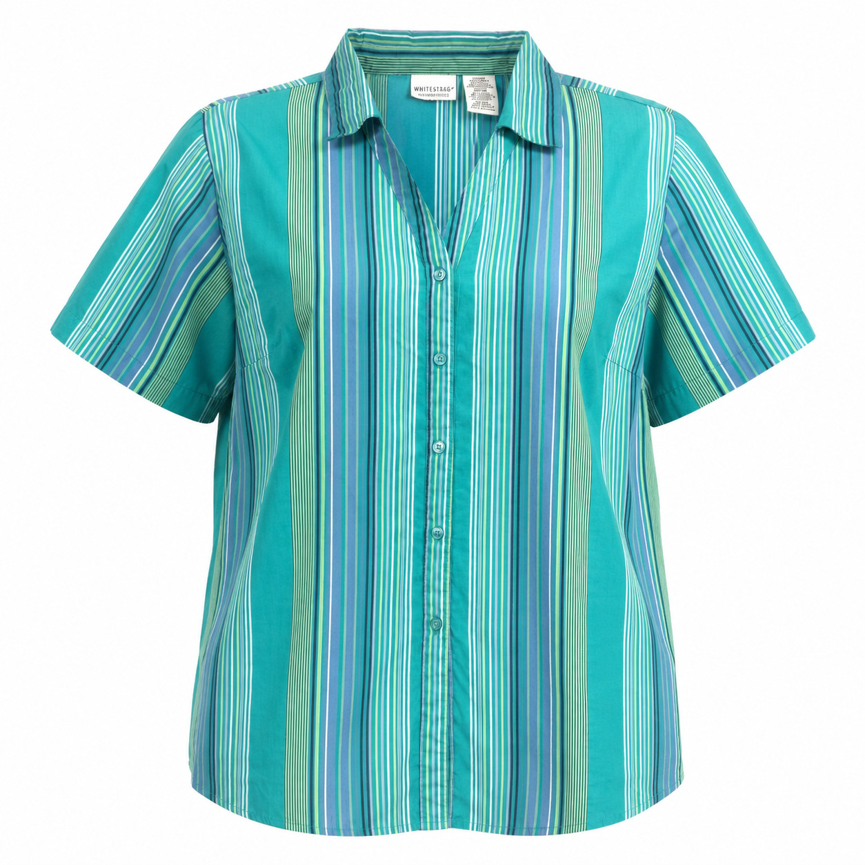 White Stag Women Plus 22W 24W Teal Striped Button Up Shirt Top