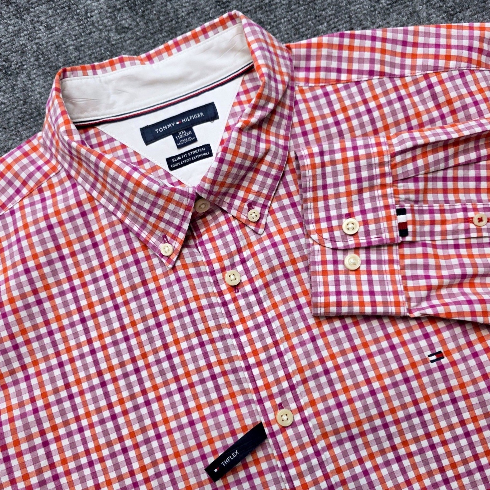 Tommy Hilfiger Men XXL THFlex Slim Fit Stretch Shirt Orange Purple Gingham Check