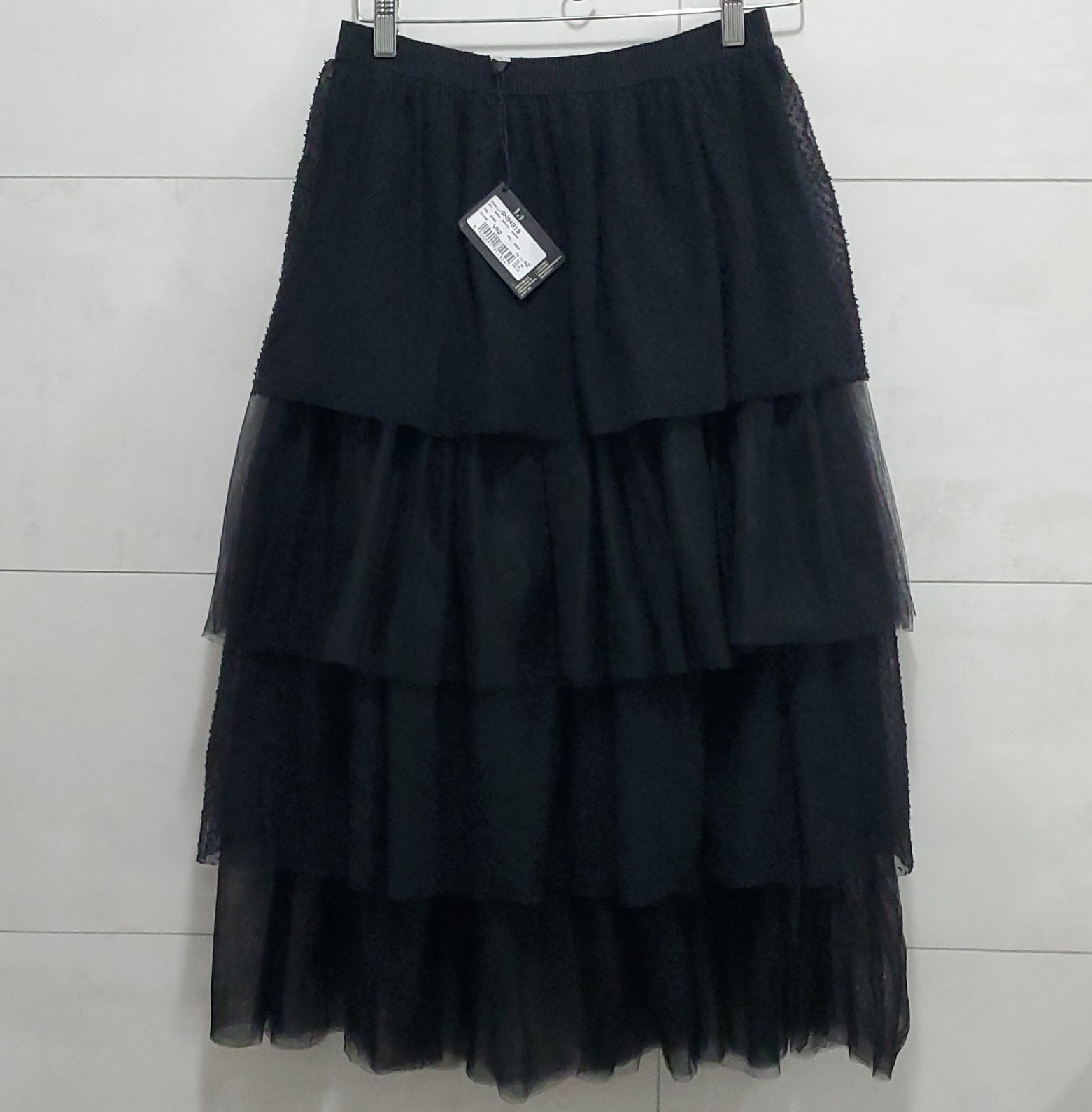 Fabiana Filippi Designer Tiered Tulle Midi Skirt Black Solid ElasticWaist Size S