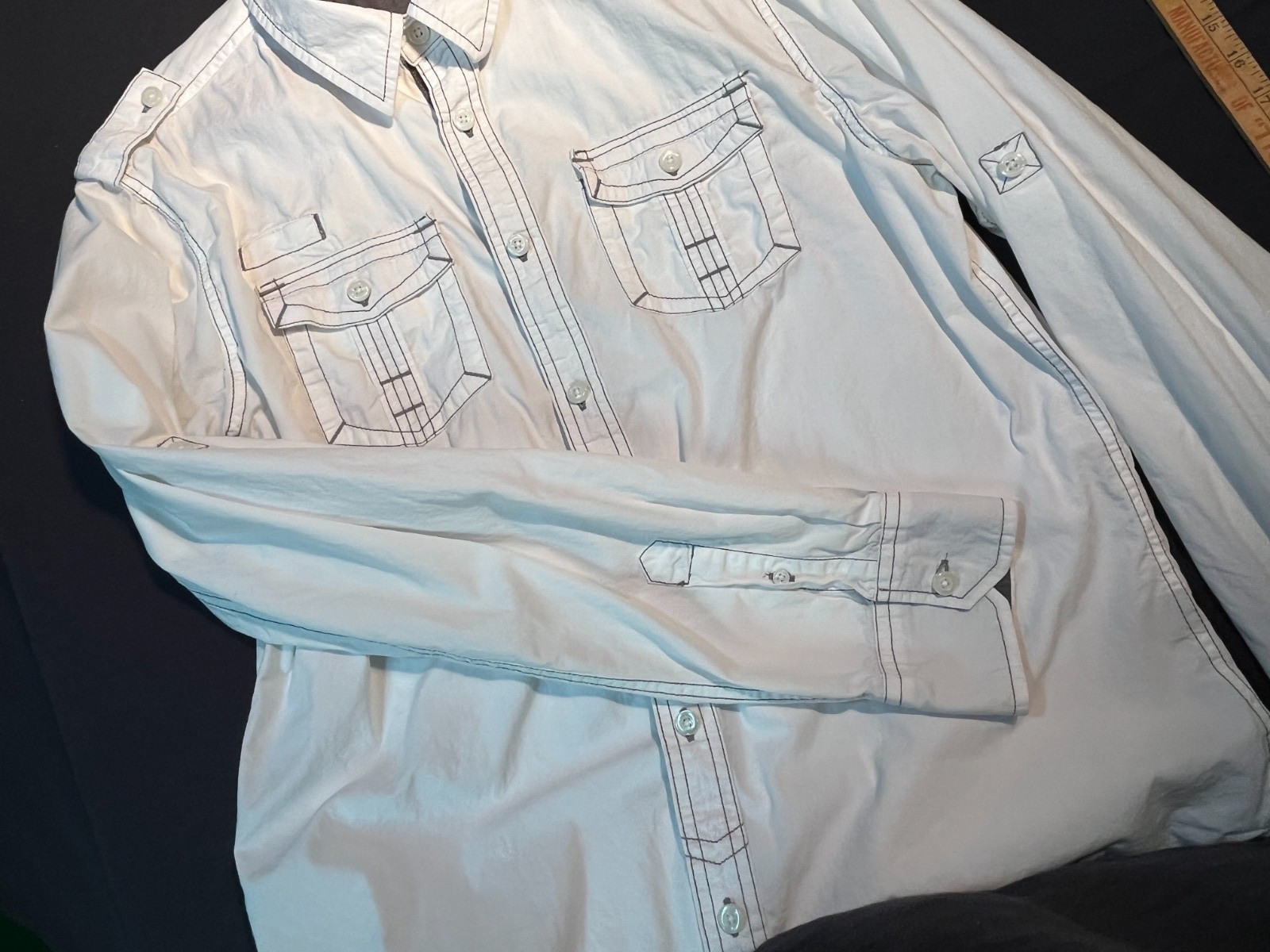 Men Carbon Button Down Long Sleeve White Military Style Piping Urban Design- SzL