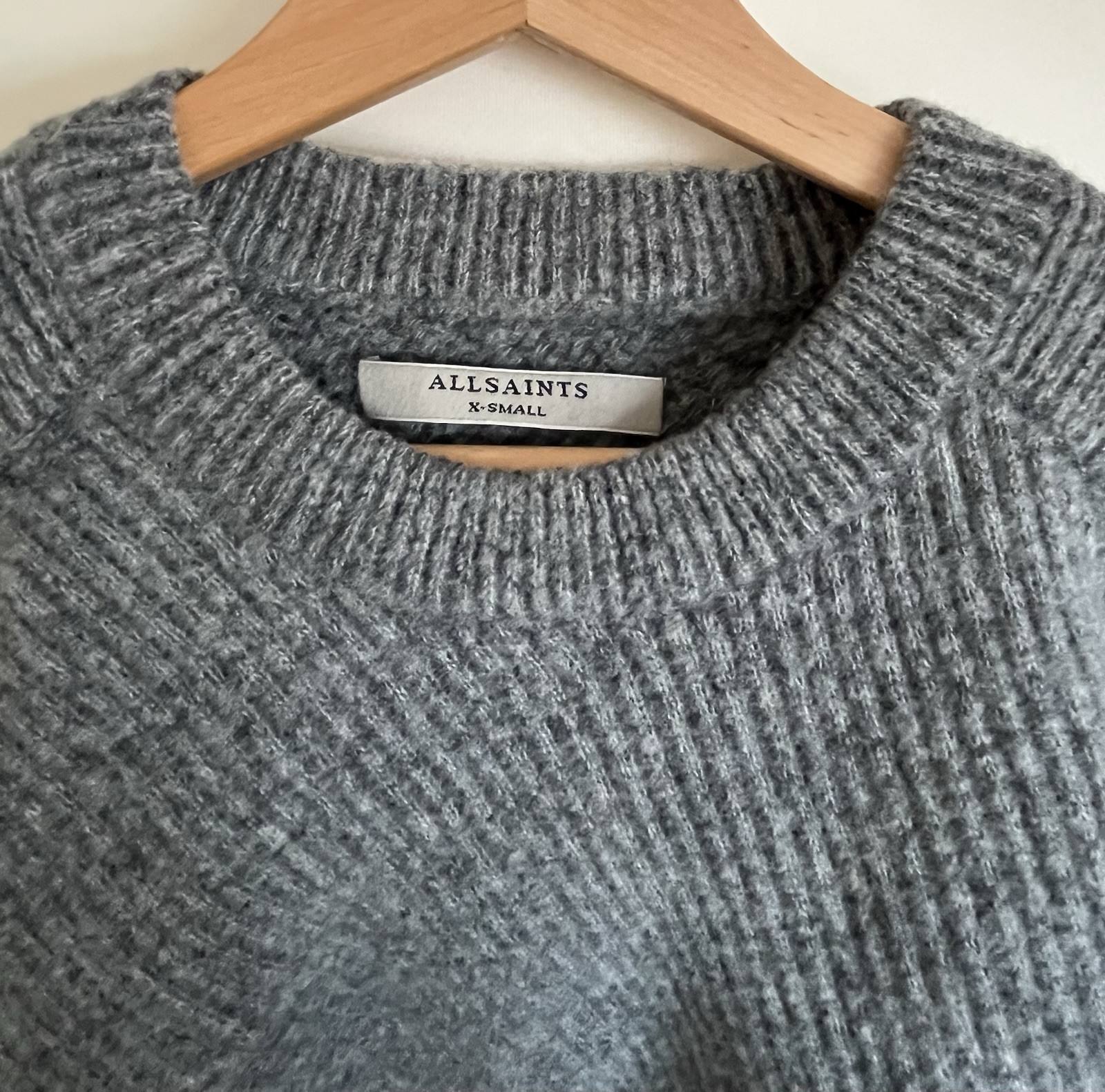 All Saints Terra Open Cold Shoulder Wool Jumper OVERSIZED Size XS Grey Ribbed