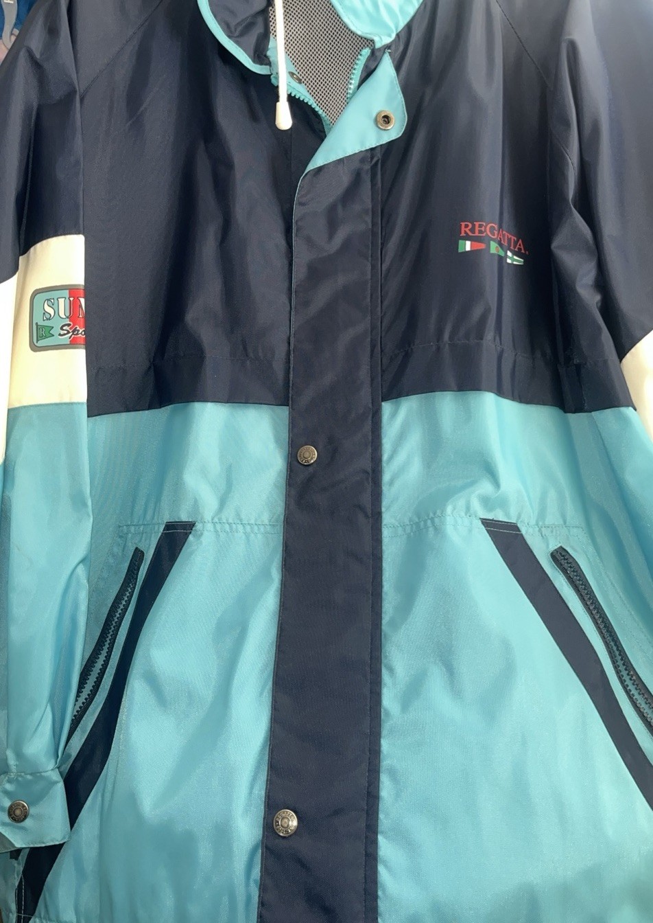 Vintage 90s Colorblock Sailing Jacket Men’s M Aqua Navy Windbreaker Zip Lined