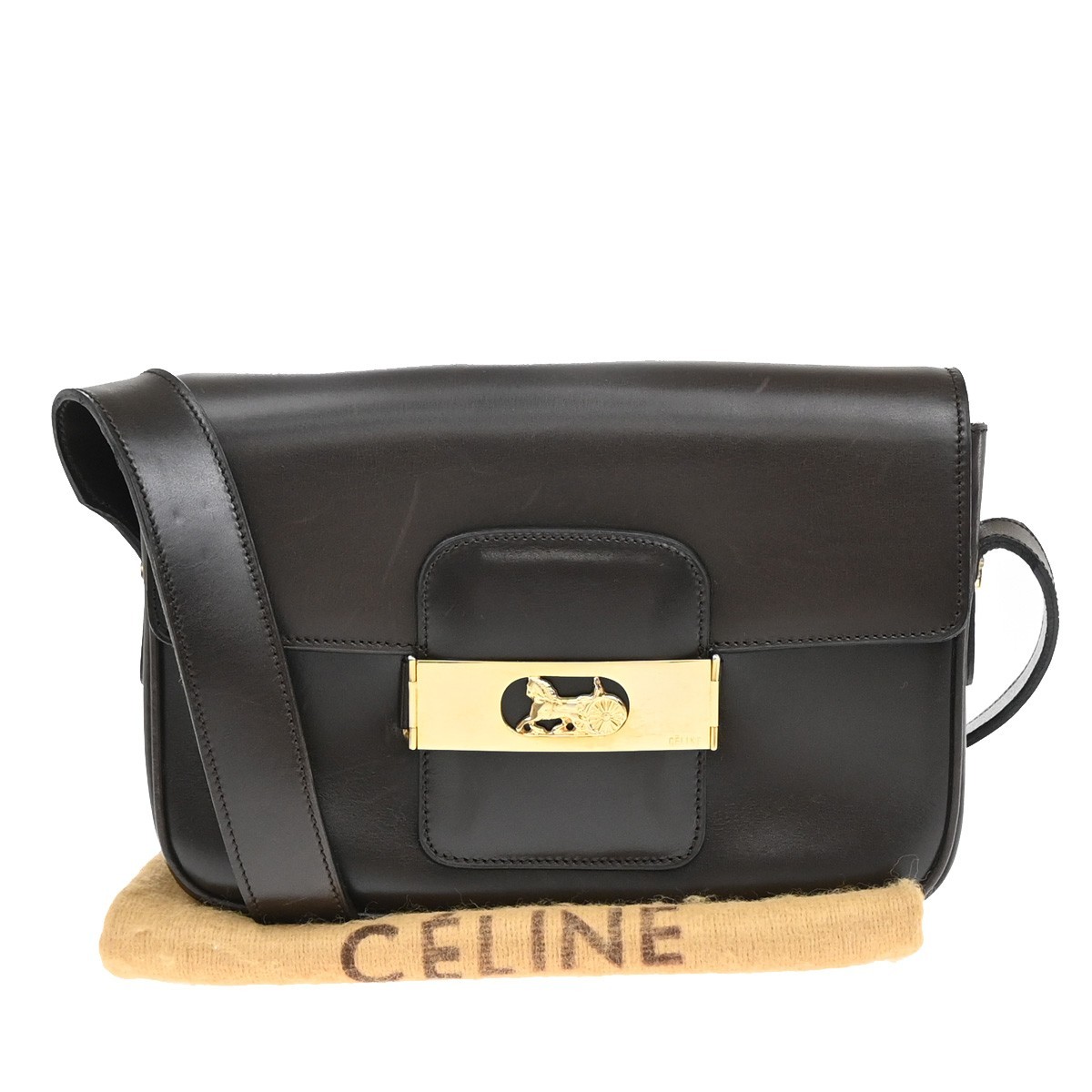 CELINE Horse Carriage Logo Shoulder Bag Leather Brown Gold 32KP193