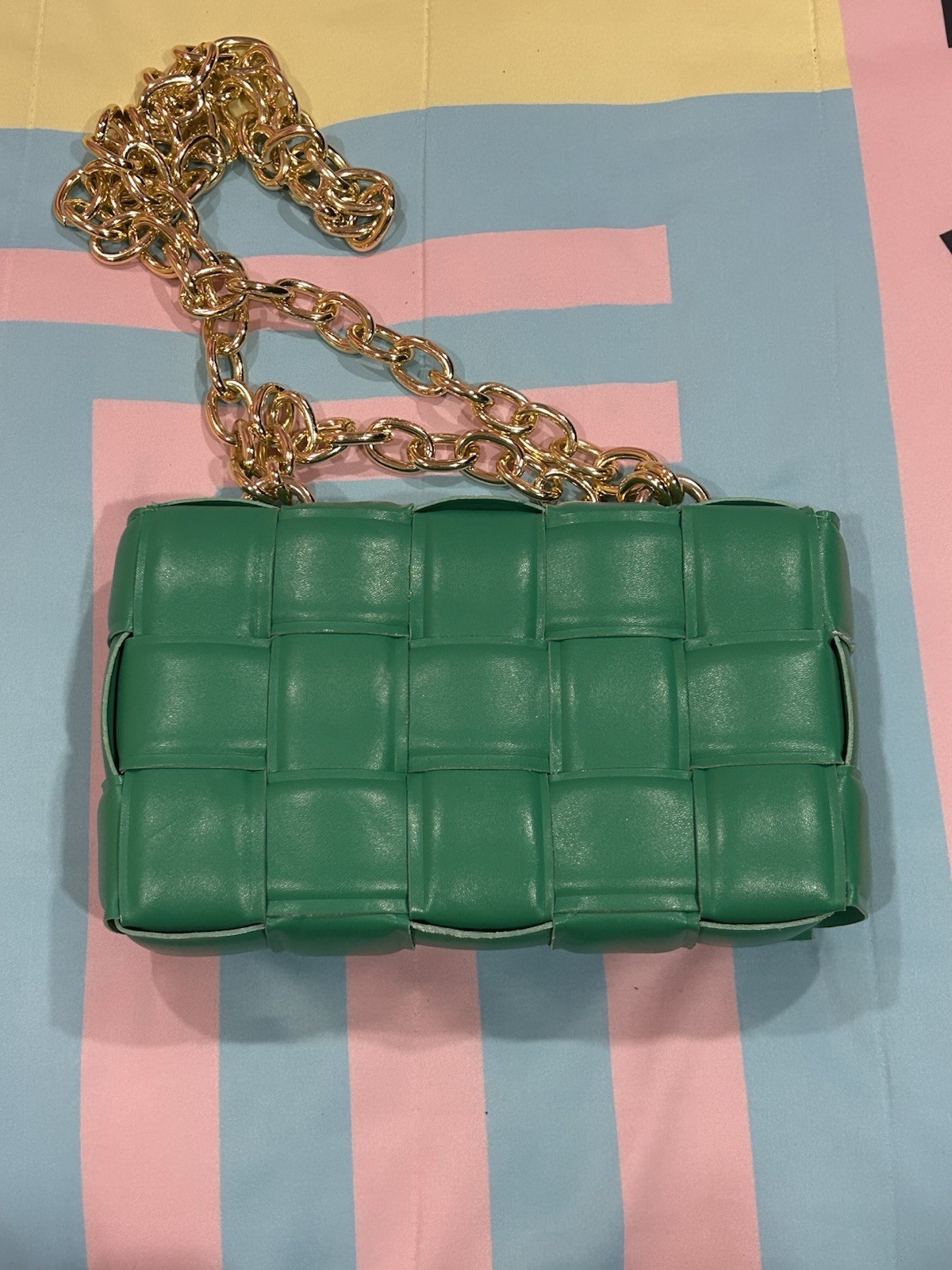 Funky Green Puffy Woven Rectangle Crossbody Purse Bag with Chain Strap