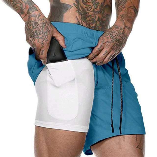 Man’s 2 in 1 Compression Gym Workout Training Liner Phone Pocket Shorts Pants US
