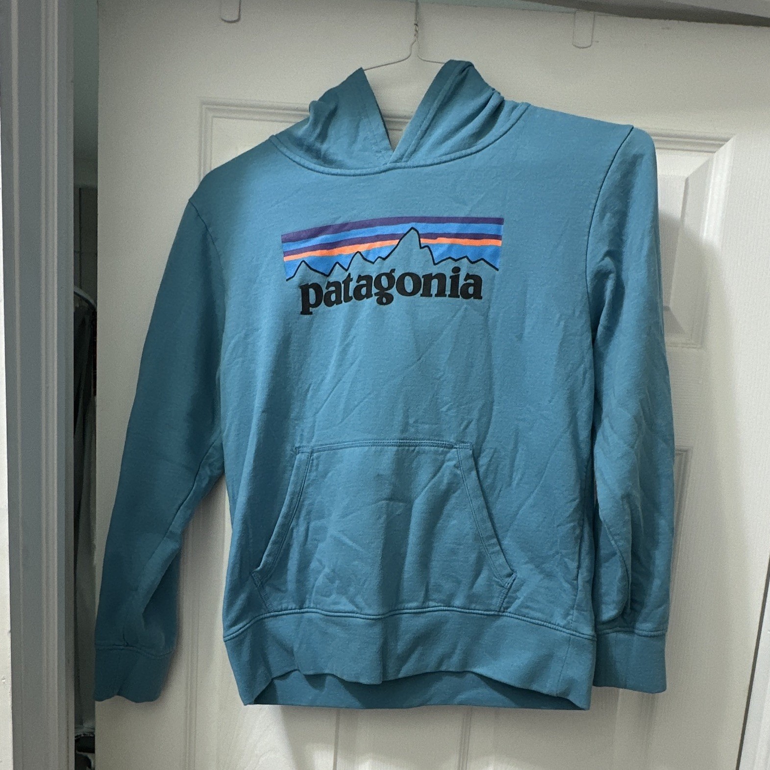 Patagonia KIDS Fleece Graphic Logo Pullover Hoodie w/ Pockets Blue XL