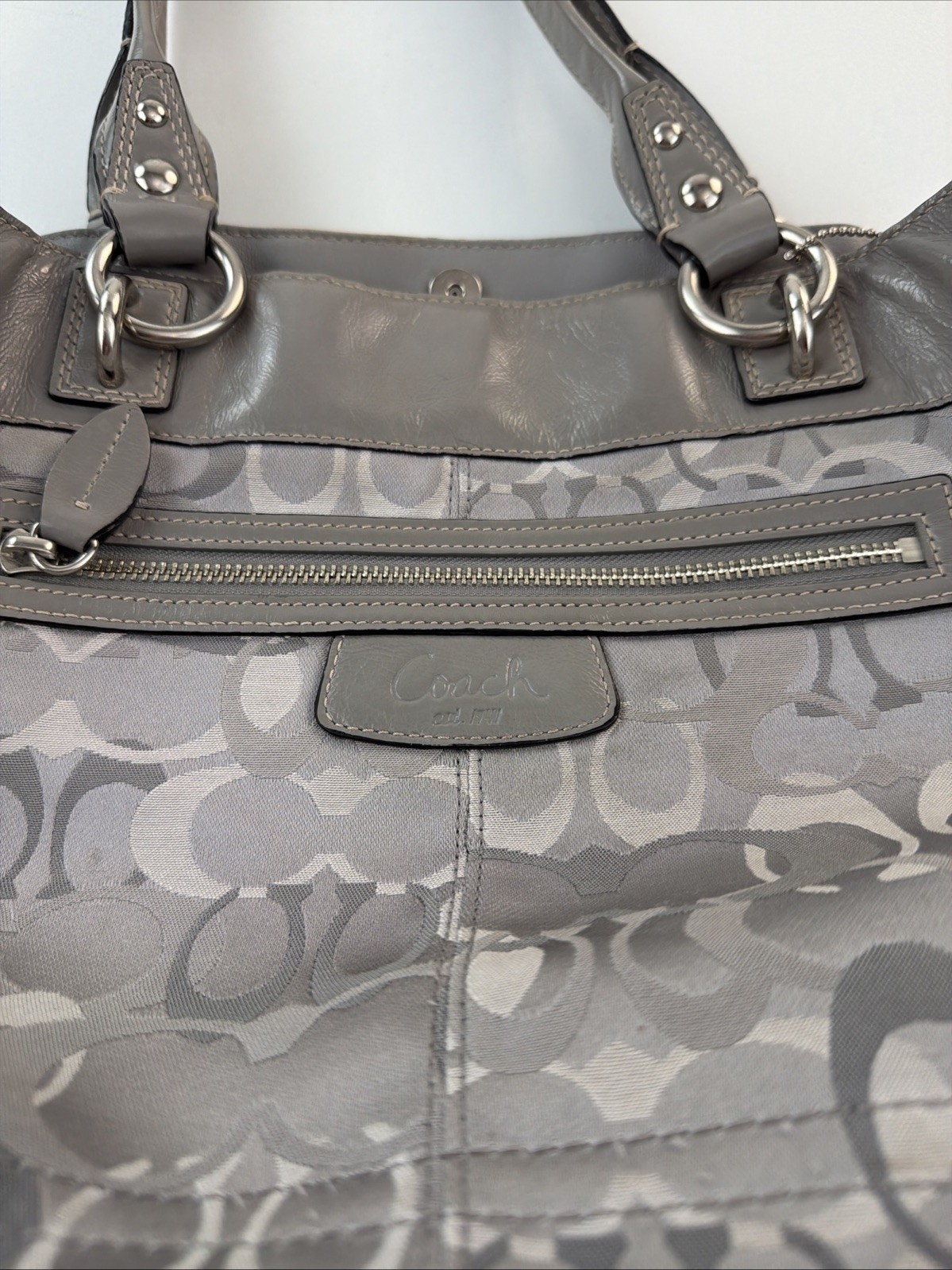 Coach Penelope Signature F15122 Jacquard/Patent Leather Silver Gray Tote