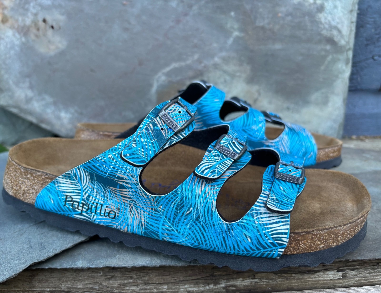 PAPILLIO x Birkenstock ‘Florida’ (39/8) Tropical Leaf Blue Birko-Flor Sandals