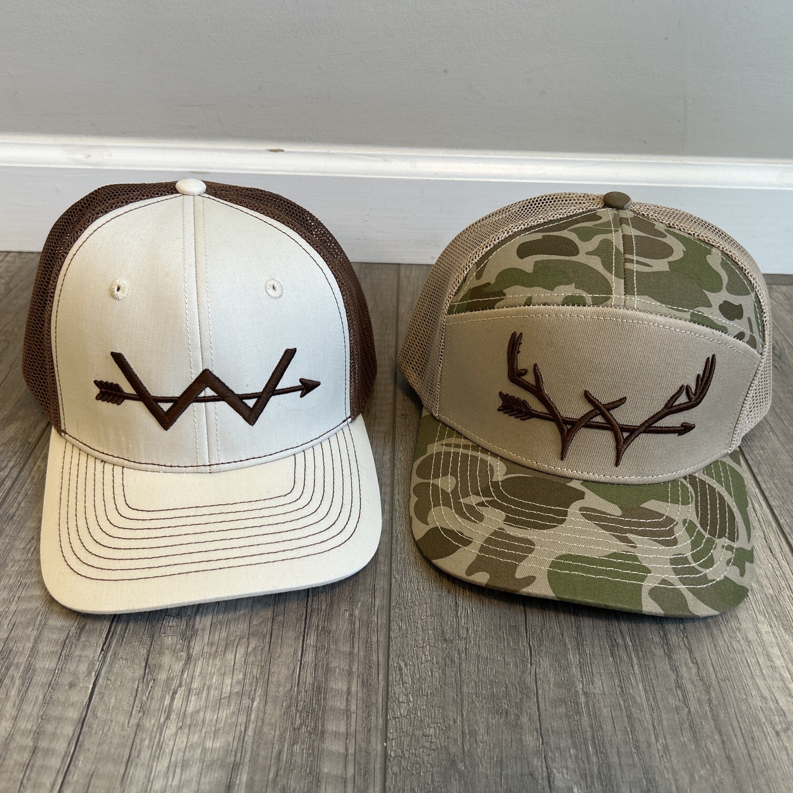 2 Webb Western Camouflage Antler Men’s Hats SnapBack Mesh Brown Beige Lot Pair