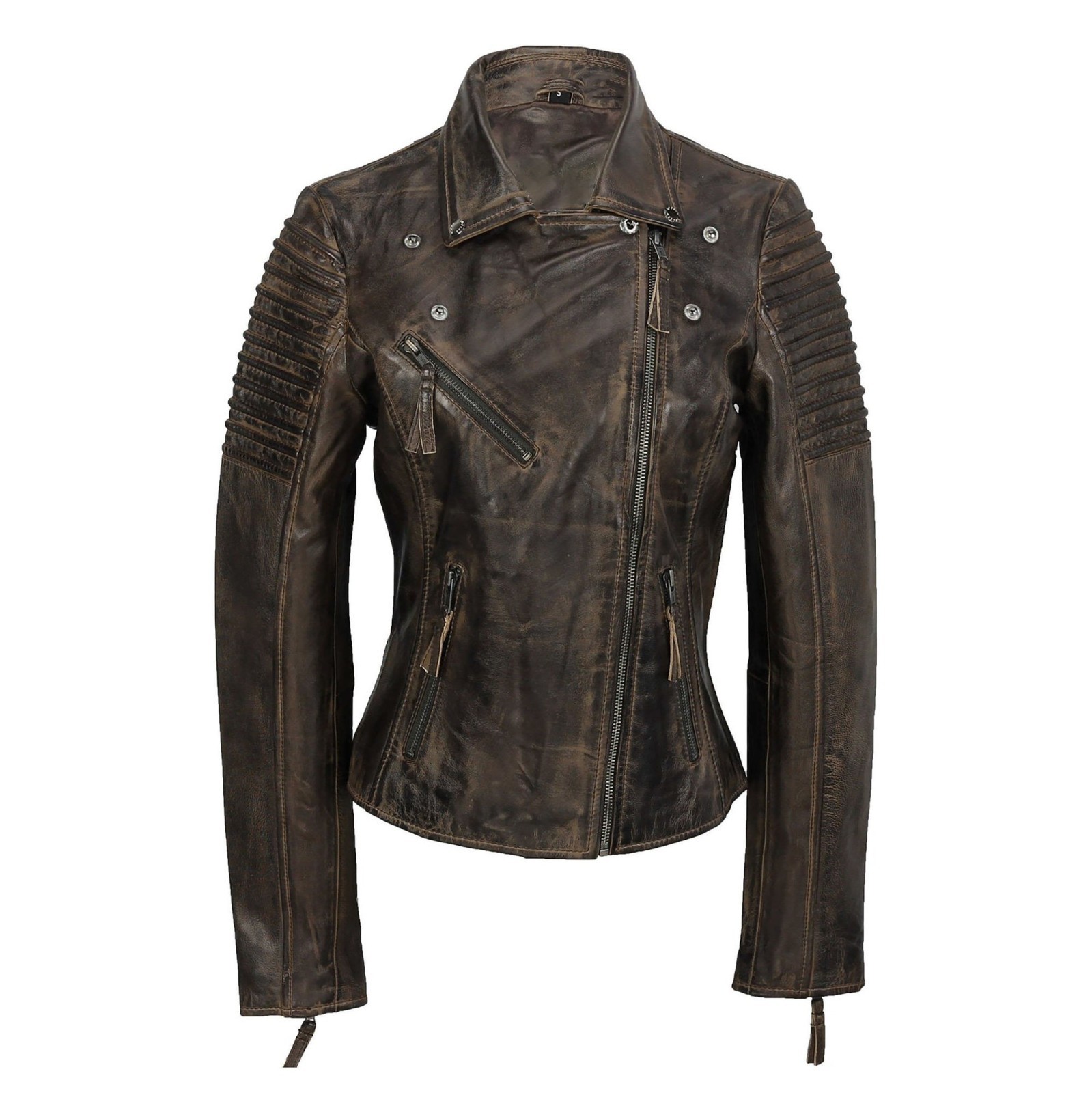 Women Real Leather Jacket Brown Distressed Biker Moto Ribbed Zip Motorcycle Coat
