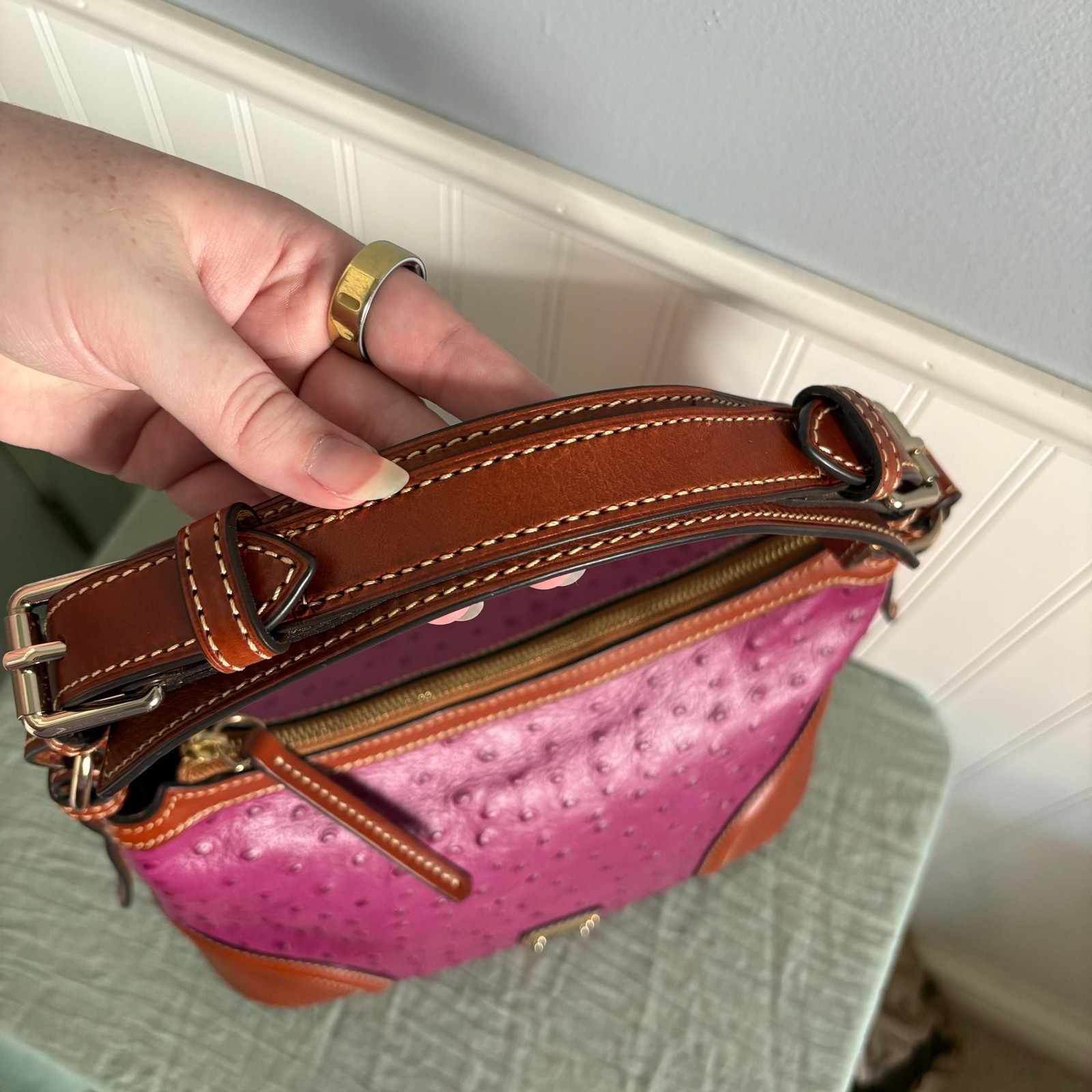 Dooney & Bourke Ostrich Embossed Leather Hobo Shoulder Bag in Fuchsia