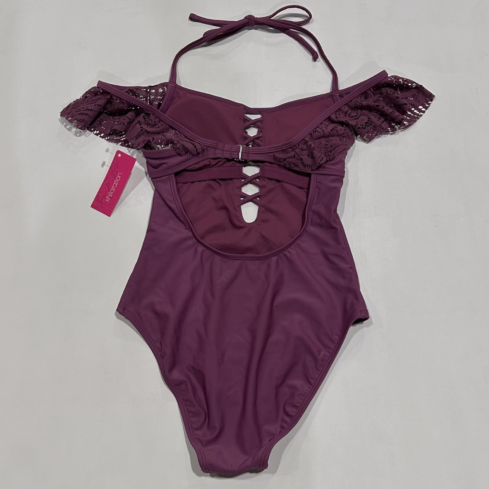 Xhilaration Juniors’ Lace Off The Shoulder Halter One Piece Swim Suit – Berry XL