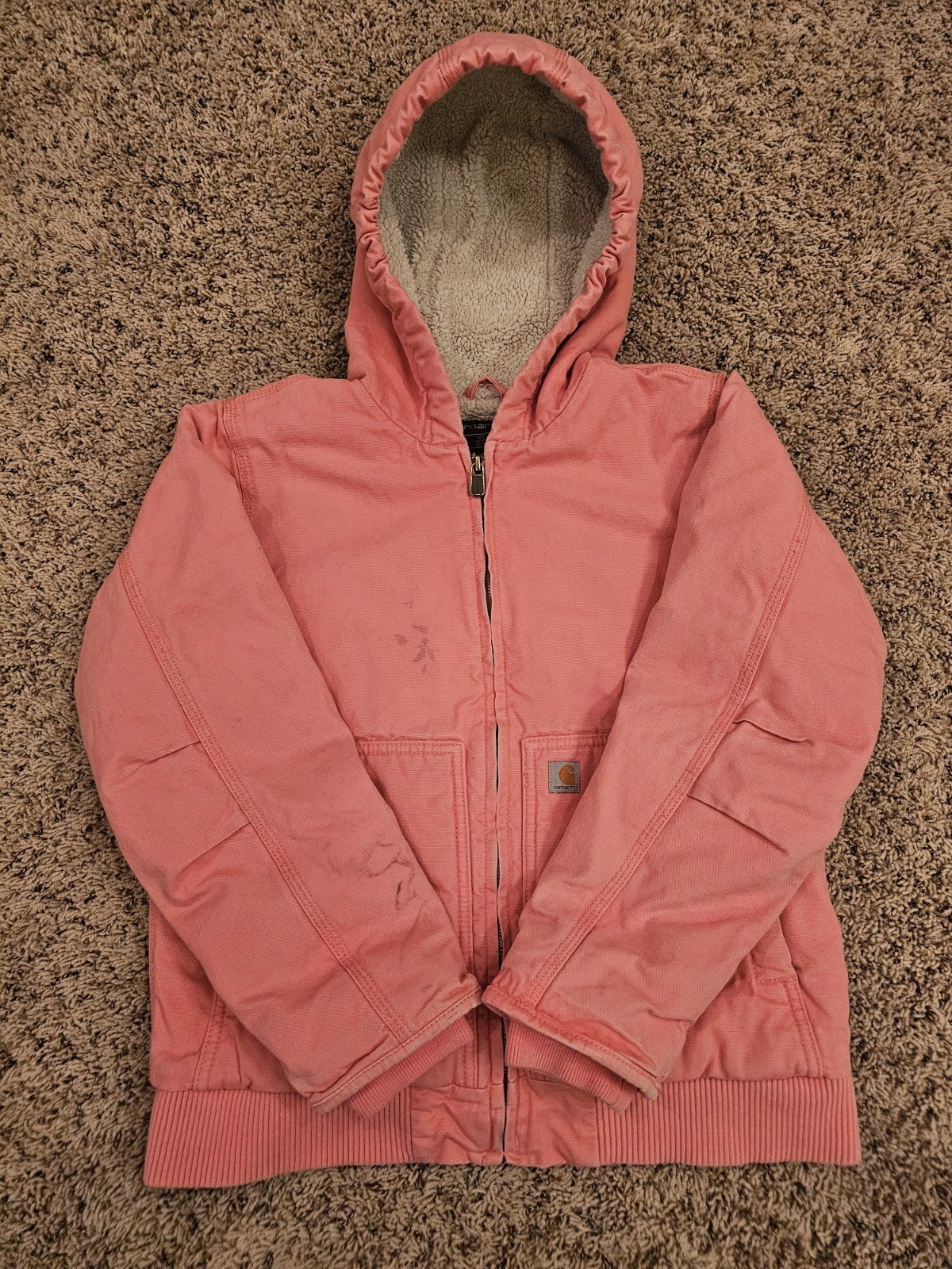 Carhartt Youth Sherpa Lined Pink Hooded Jacket Girls L (14) Canvas OJ9564-G