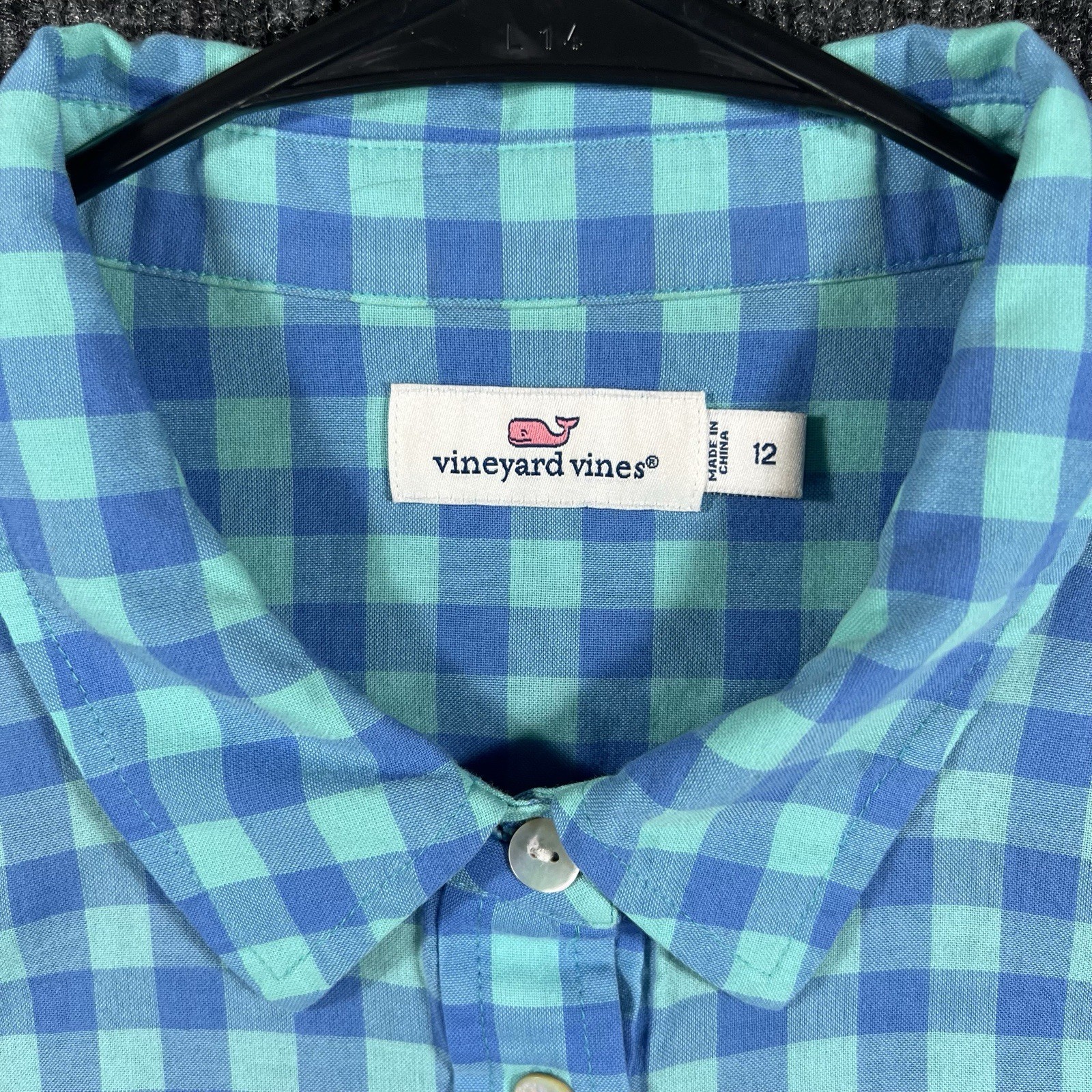 Vineyard Vines Women’s Gingham Popover Shirt Size 12 Turquoise/Blue Check