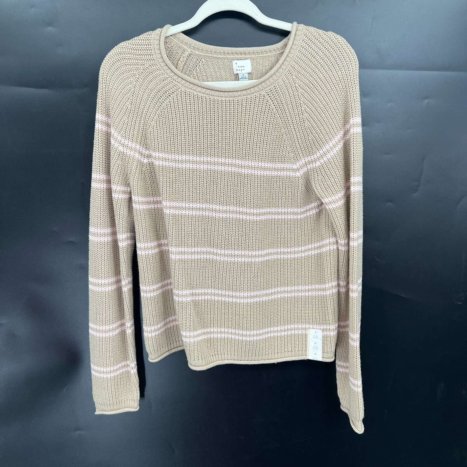 NEW preppy cozy beige pink striped roll neck cotton blend sweater minimalist S