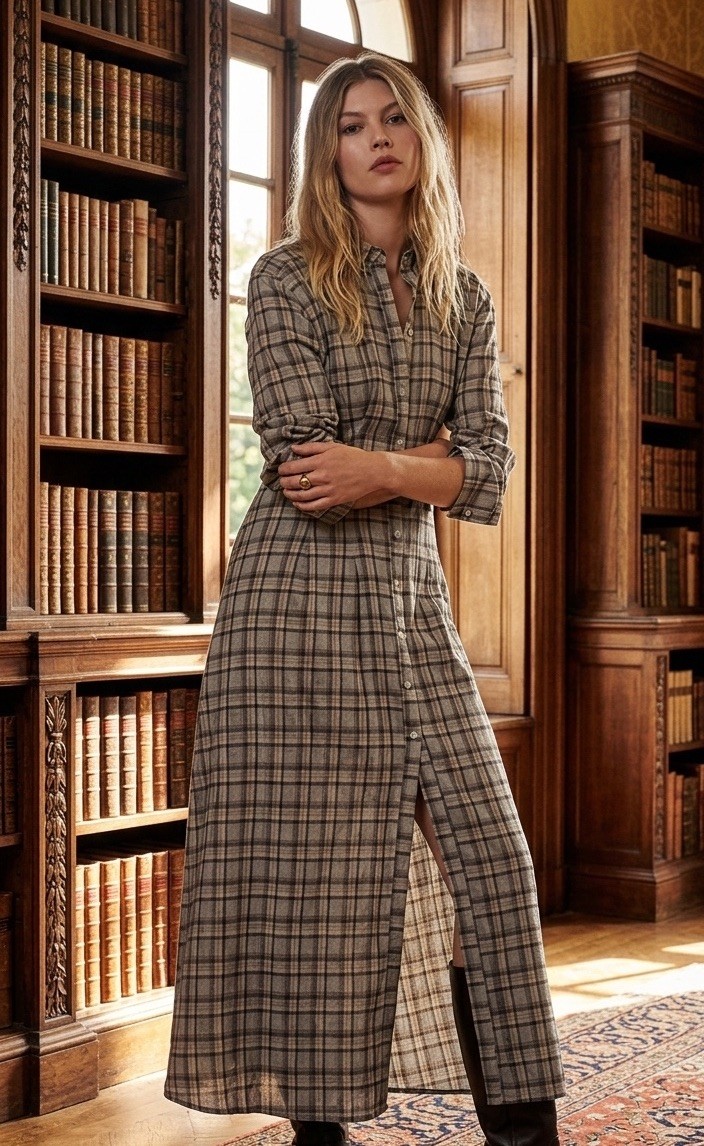 ZARA NWT WOMAN SS26 PLAID MAXI SHIRT DRESS BROWN-BLUE | 4772/303
