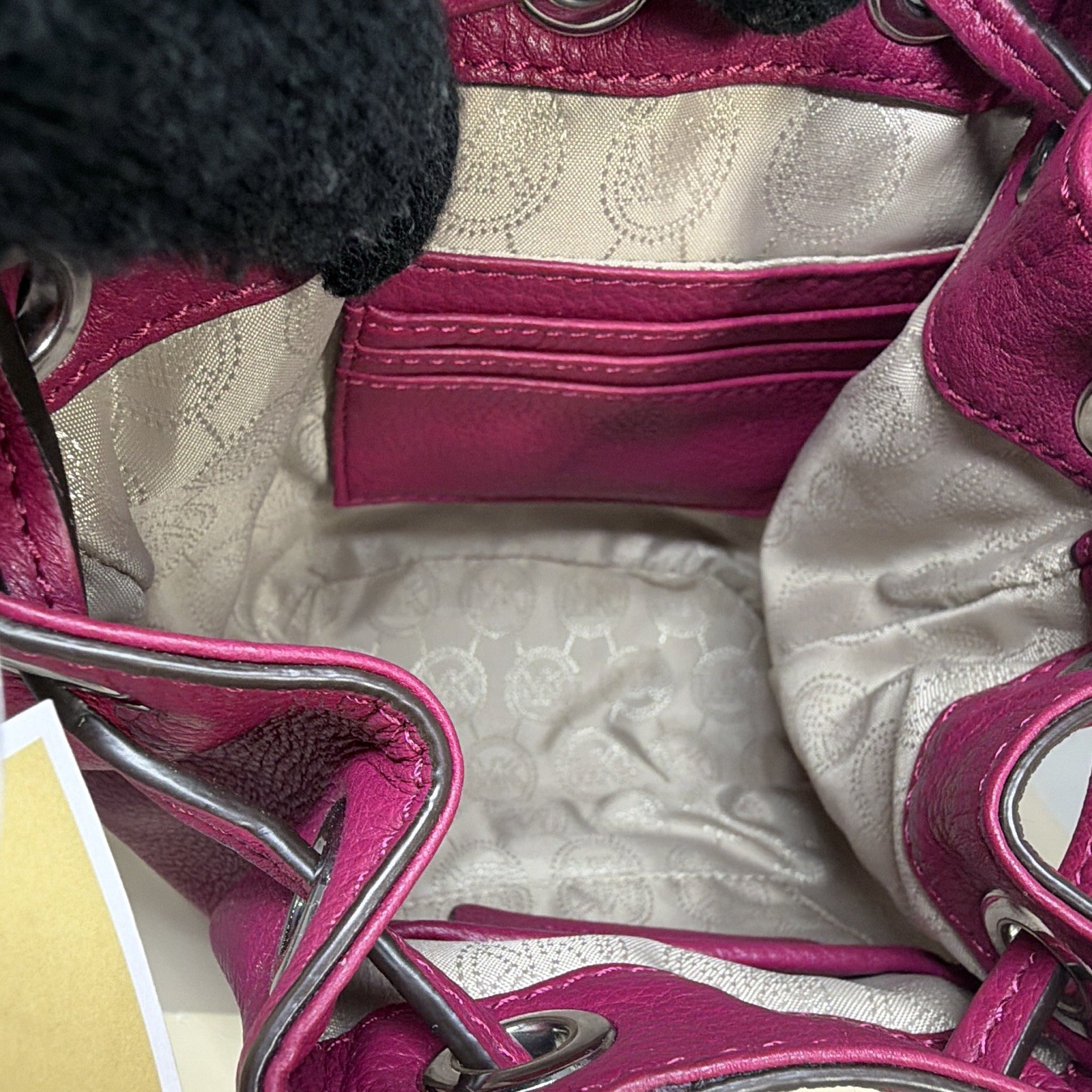 Michael Kors Deep Pink Logo Bucket Drawstring Crossbody Bag Silver Hardware