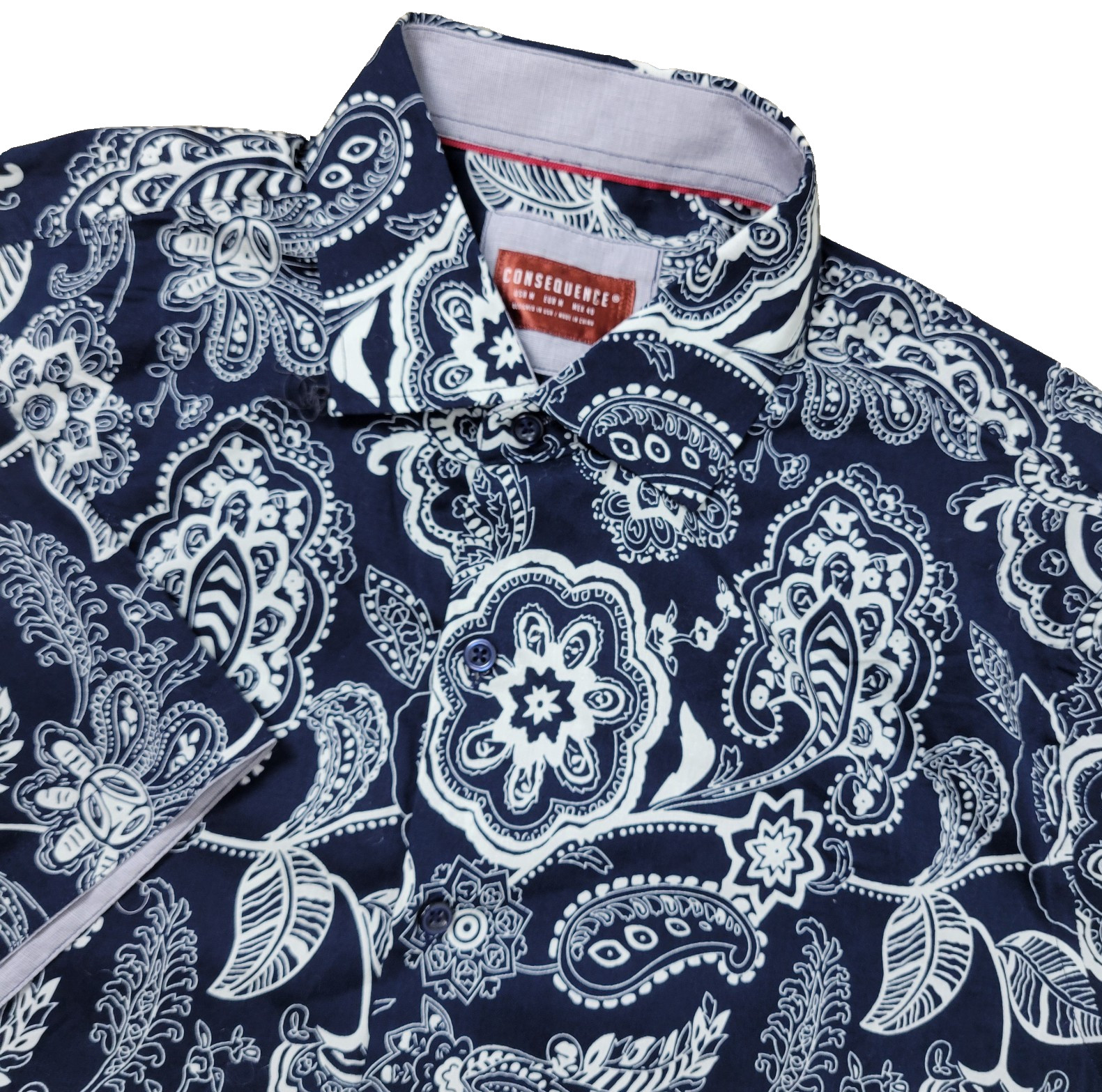 Consequence Mens Medium Black White All Over Floral Paisley Button Up SS