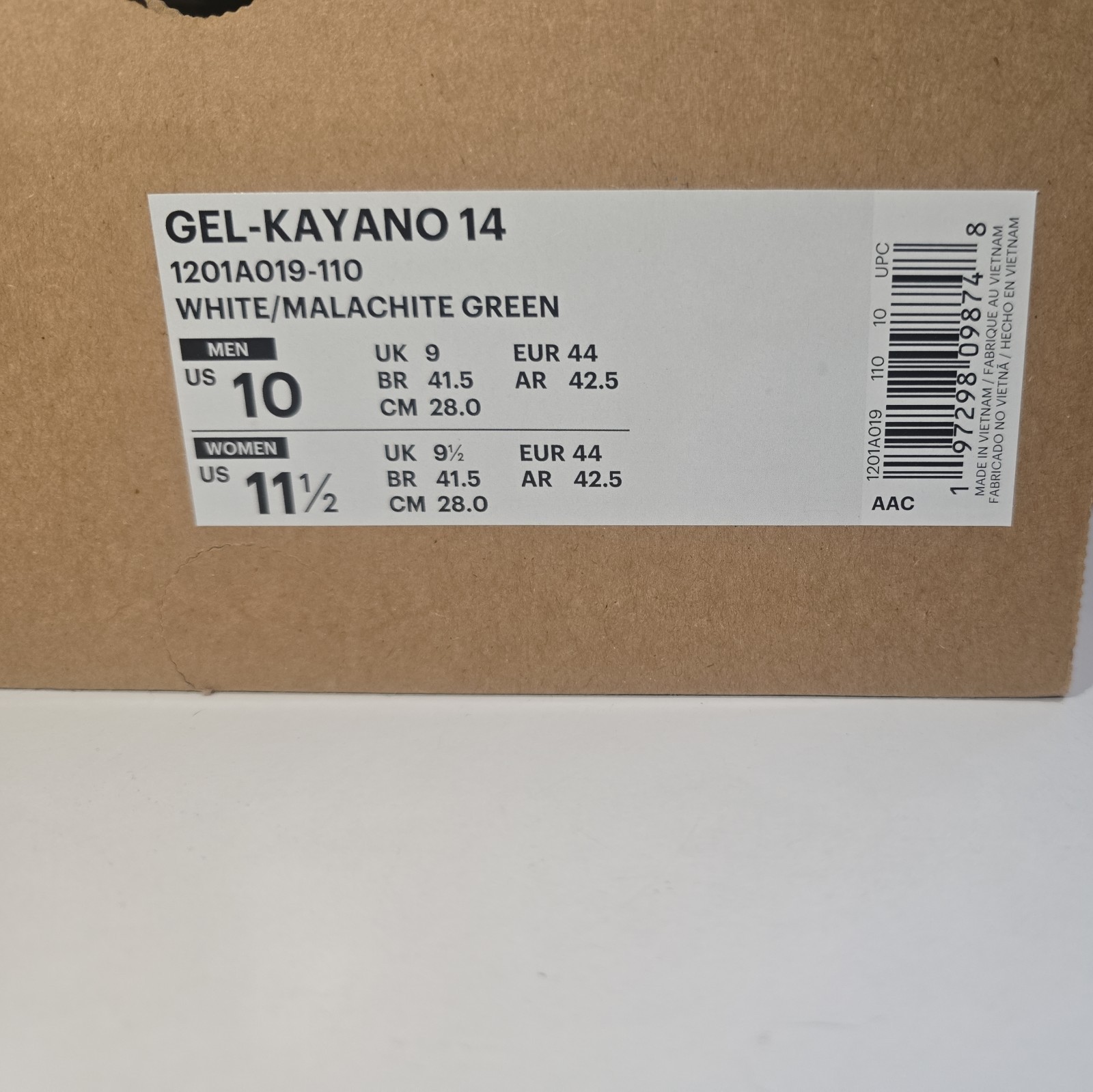 Asics Gel Kayano 14 White Malachite Green Size 10, 1201A019-110