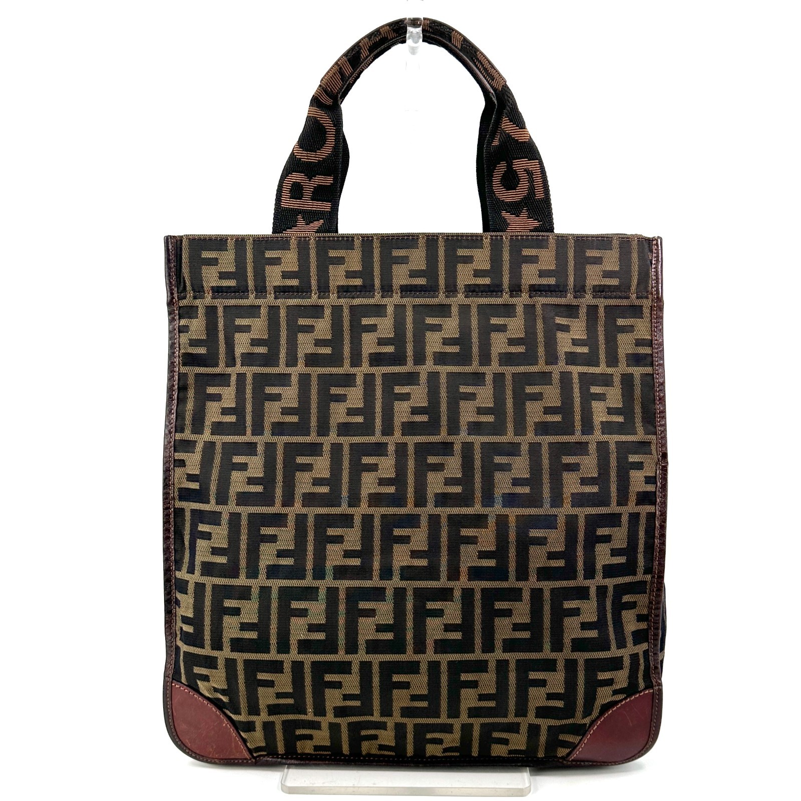 FENDI Zucca Print Tote Bag, Brown, Canvas, Nylon, Leather, Authentic