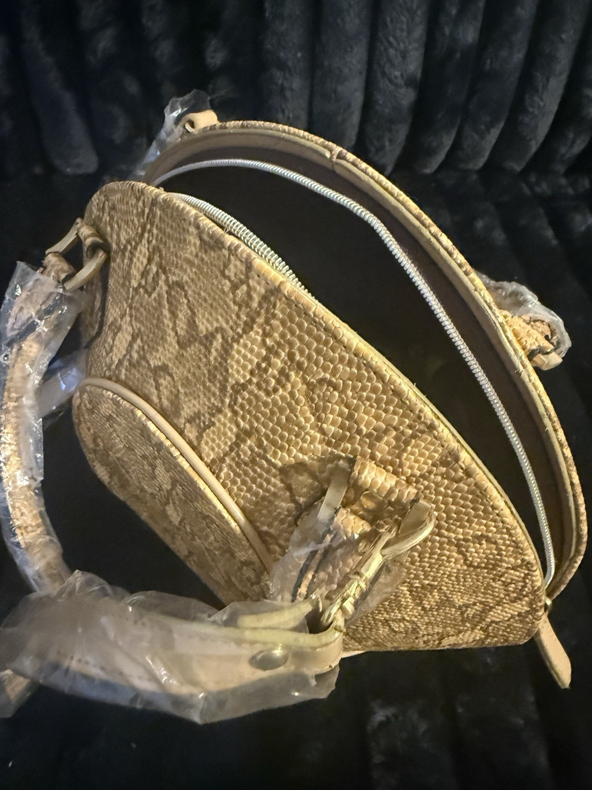 Beige Snake Animal Print Small Satchel Top Handle Zip, Detachable Strap