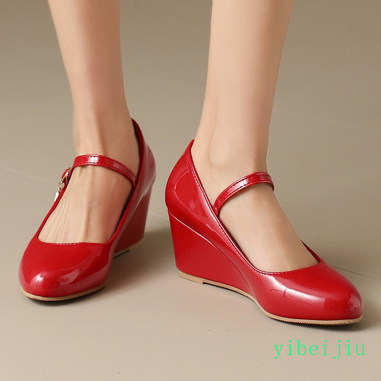 Women’s Mid Wedge Heels Mary Jane Shiny Leather Dress Wedding Shoes Rhinestone