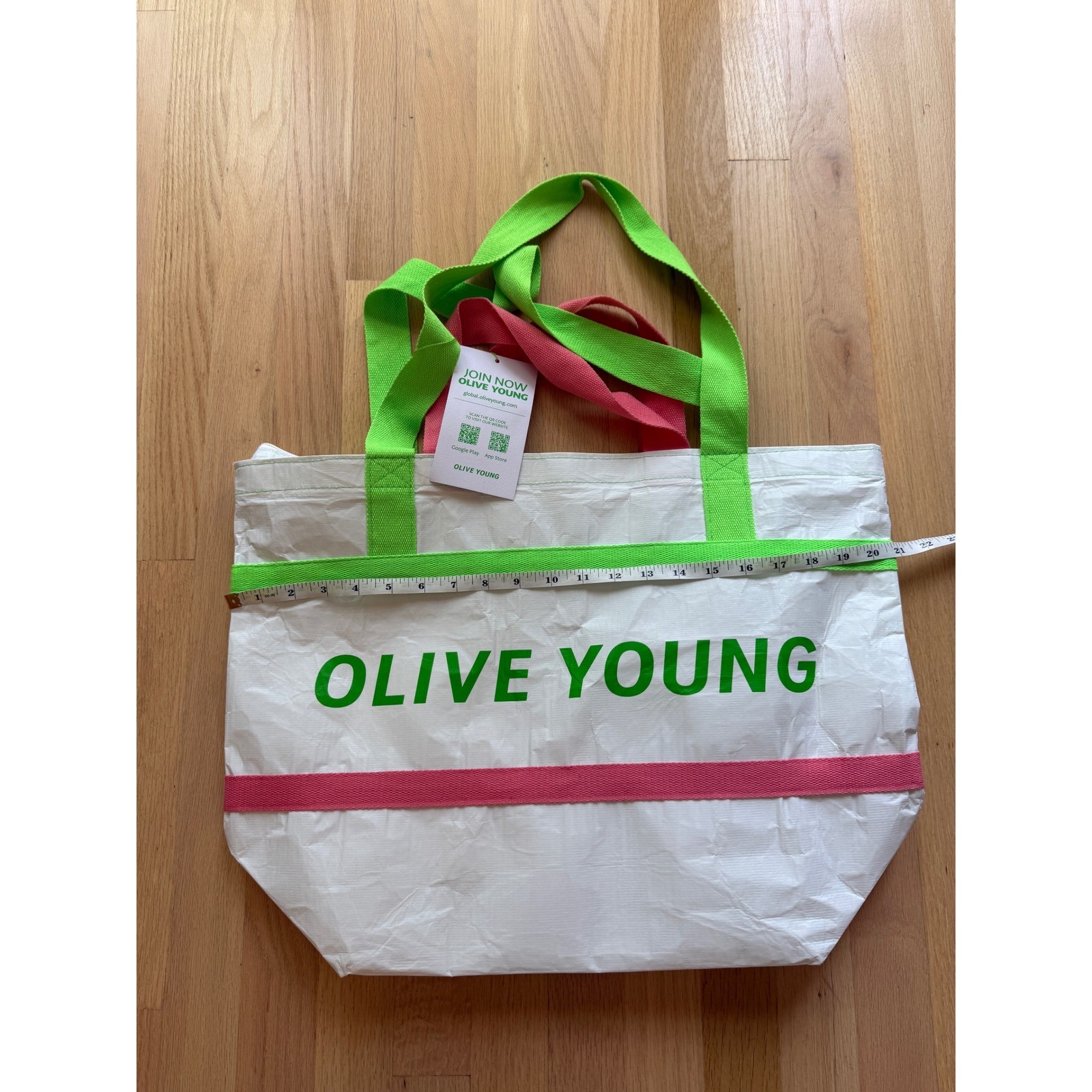 NWT OLIVE YOUNG Reusable Zipper Tote Bag Unisex White Green Pink Large OS