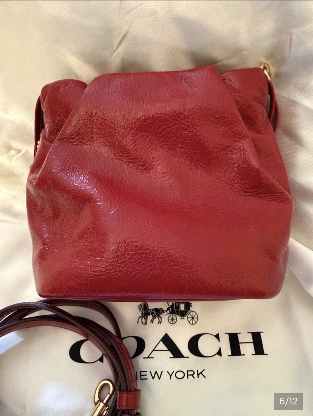 Coach NWT Cardinal Red Crinkle Cut Leather Mini Faye With Gold Chain & Hardware