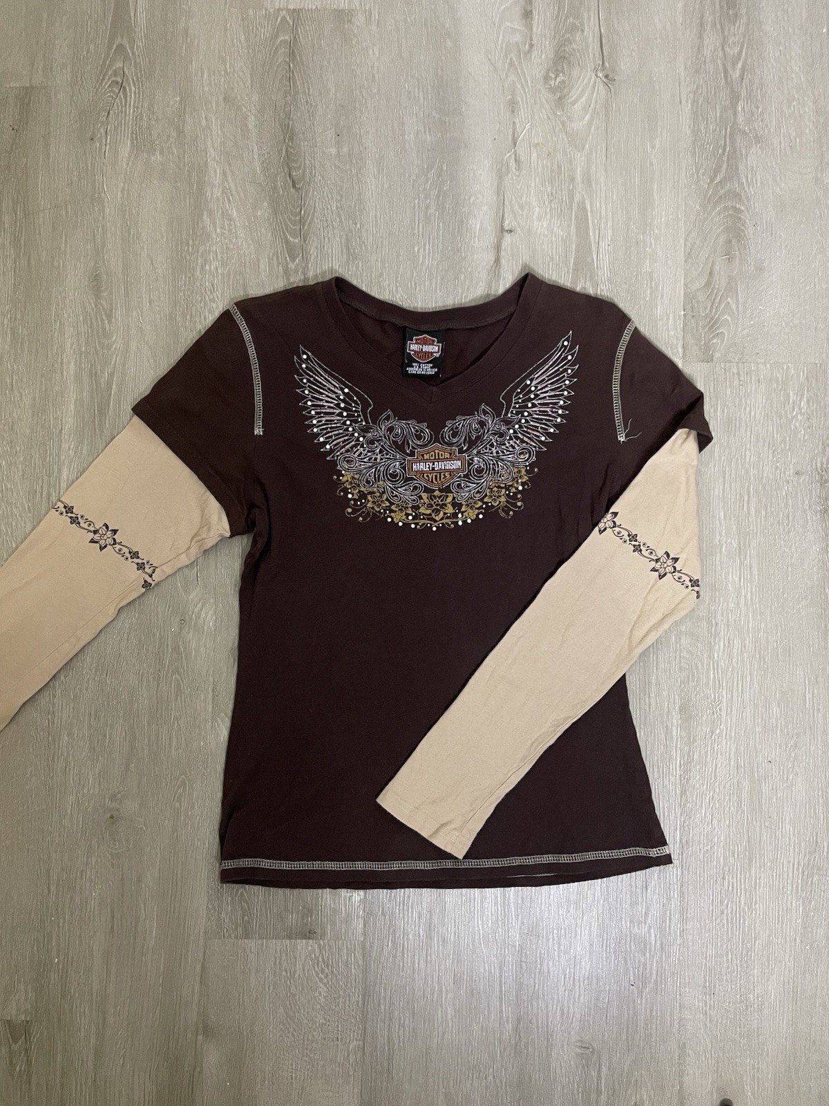 Vintage Y2K Harley-Davidson Layered Graphic Tee / angel wings / rhinestone 🤎
